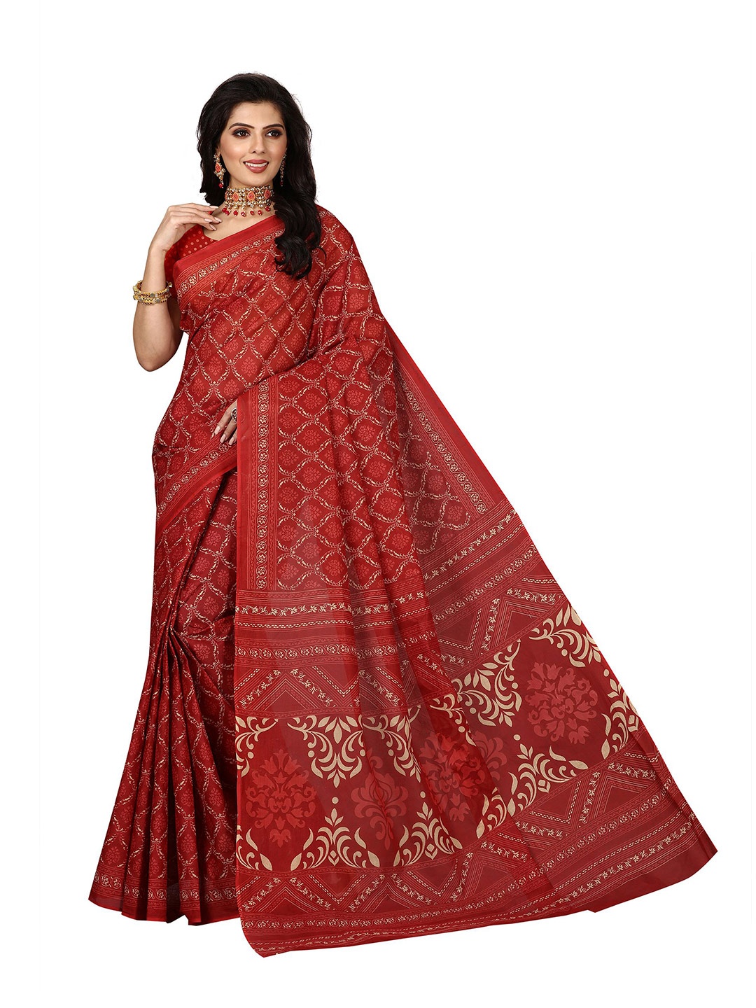 

SHANVIKA Red & Tan Pure Cotton Block Print Saree