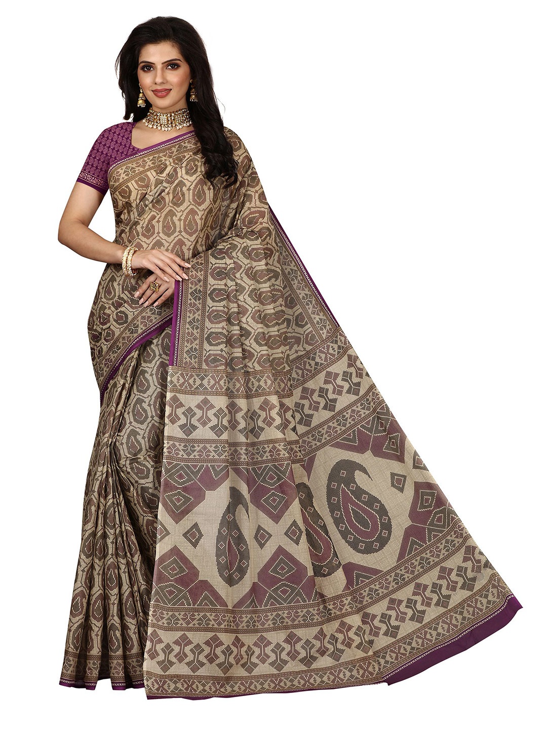 

SHANVIKA Beige & Purple Paisley Pure Cotton Block Print Saree