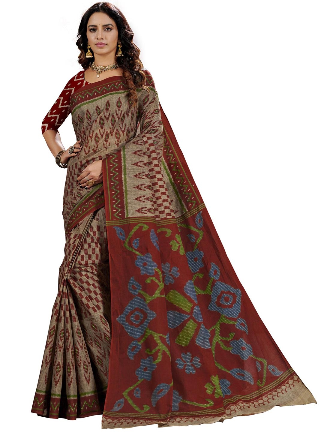 

SHANVIKA Beige & Red Checked Pure Cotton Block Print Saree