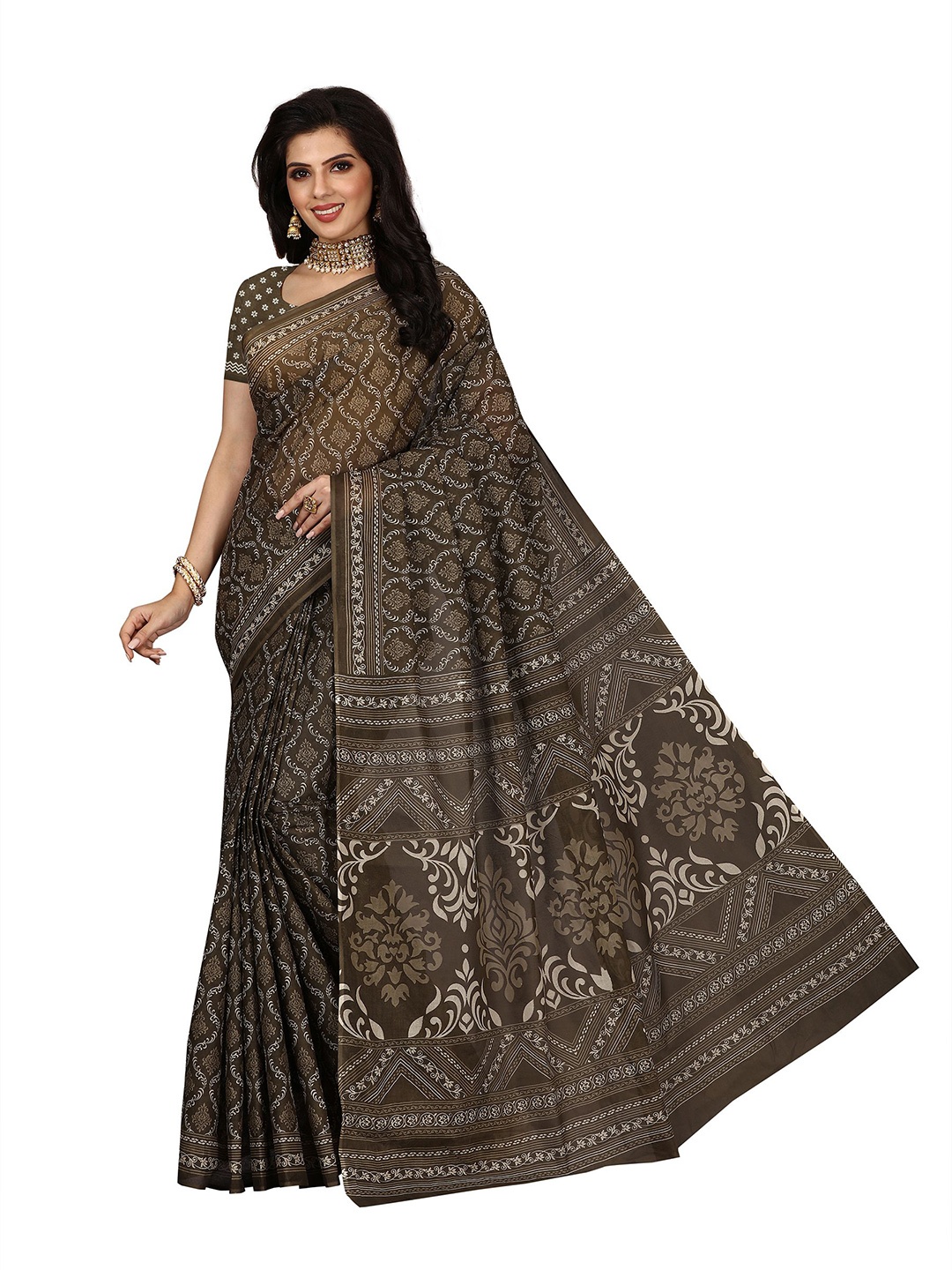 

SHANVIKA Women Printed Pure Cotton Saree With Printed Blouse Piece, Olive