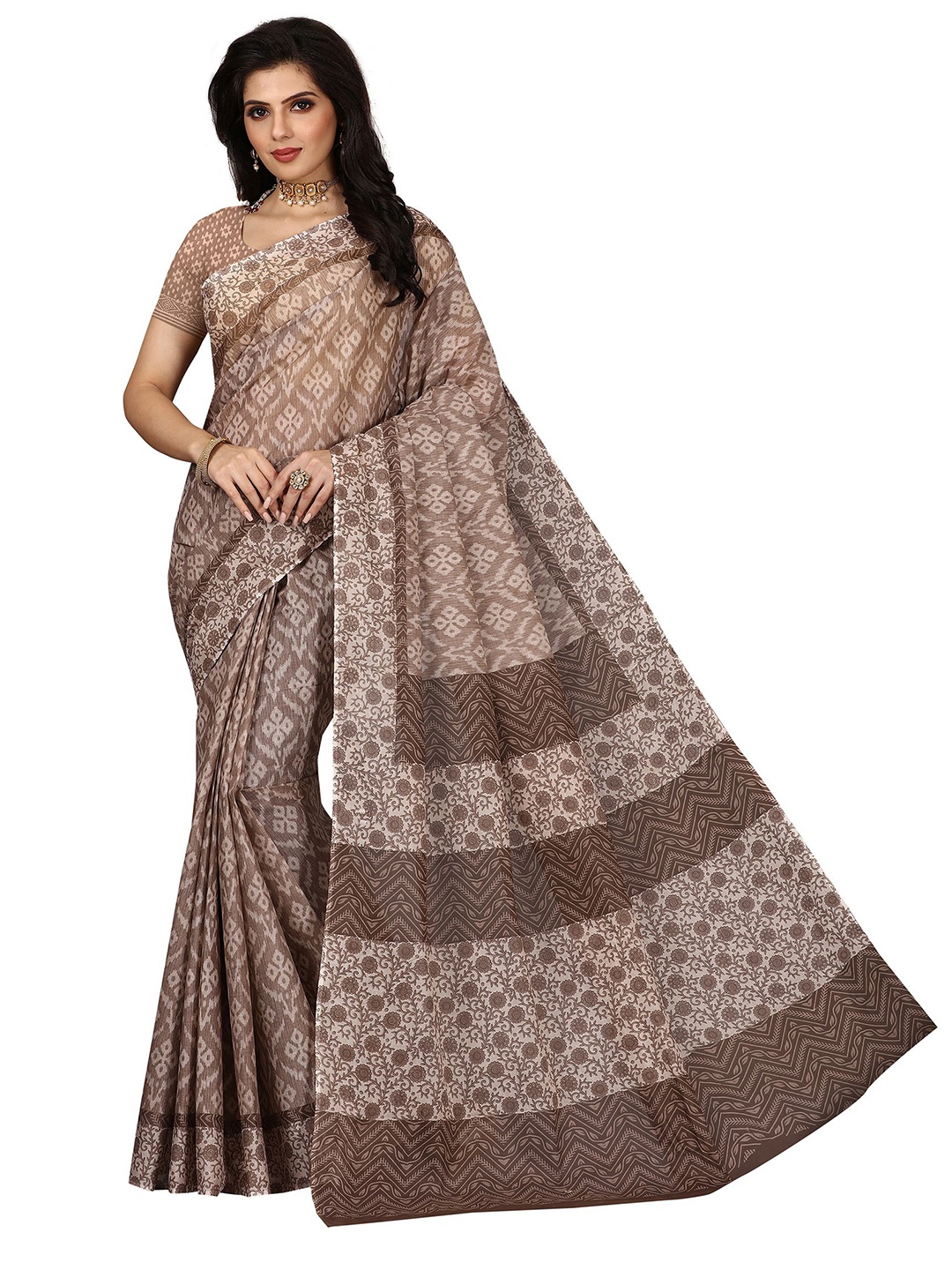 

SHANVIKA Brown Floral Pure Cotton Block Print Saree
