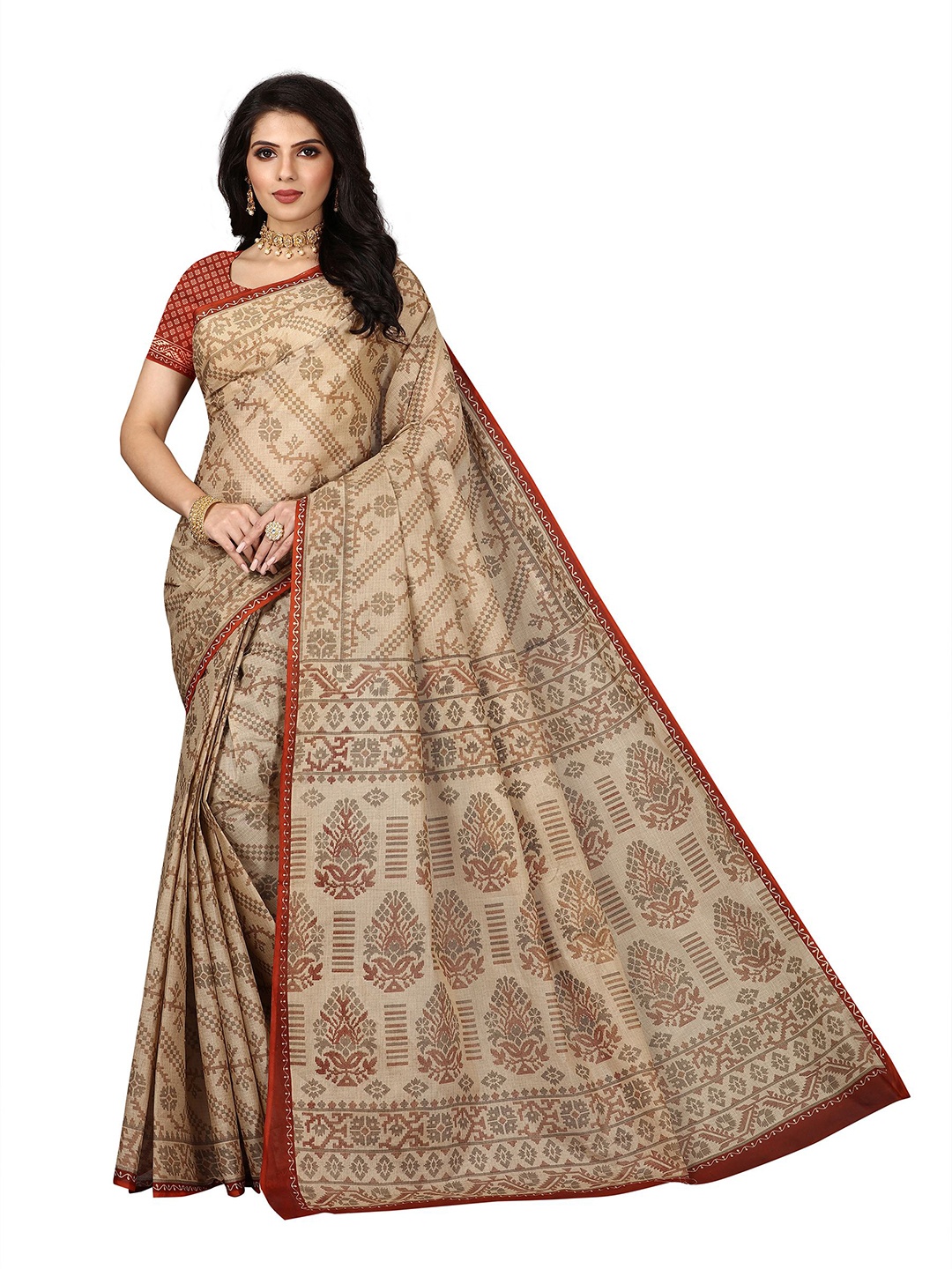 

SHANVIKA Beige & Maroon Floral Pure Cotton Block Print Saree