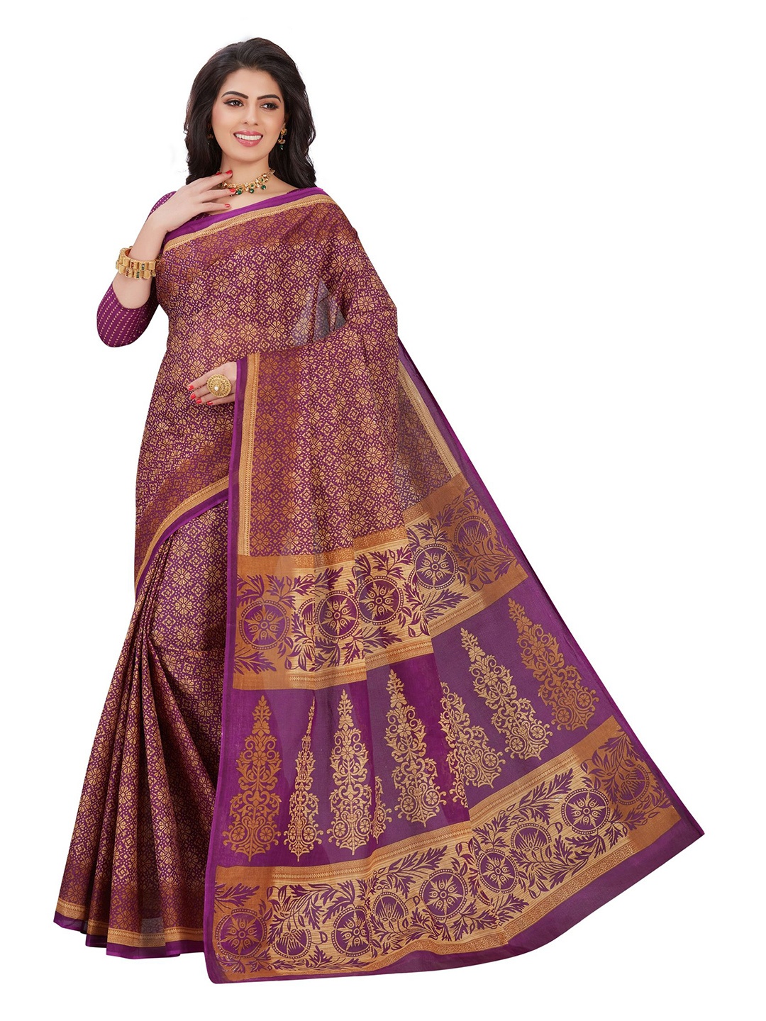 

SHANVIKA Purple & Beige Floral Pure Cotton Block Print Saree