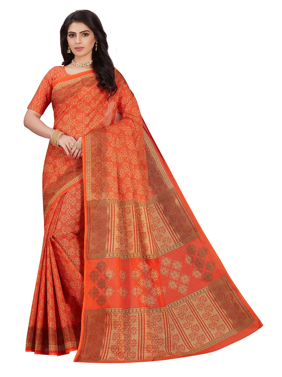 

SHANVIKA Orange & Beige Floral Pure Cotton Block Print Saree