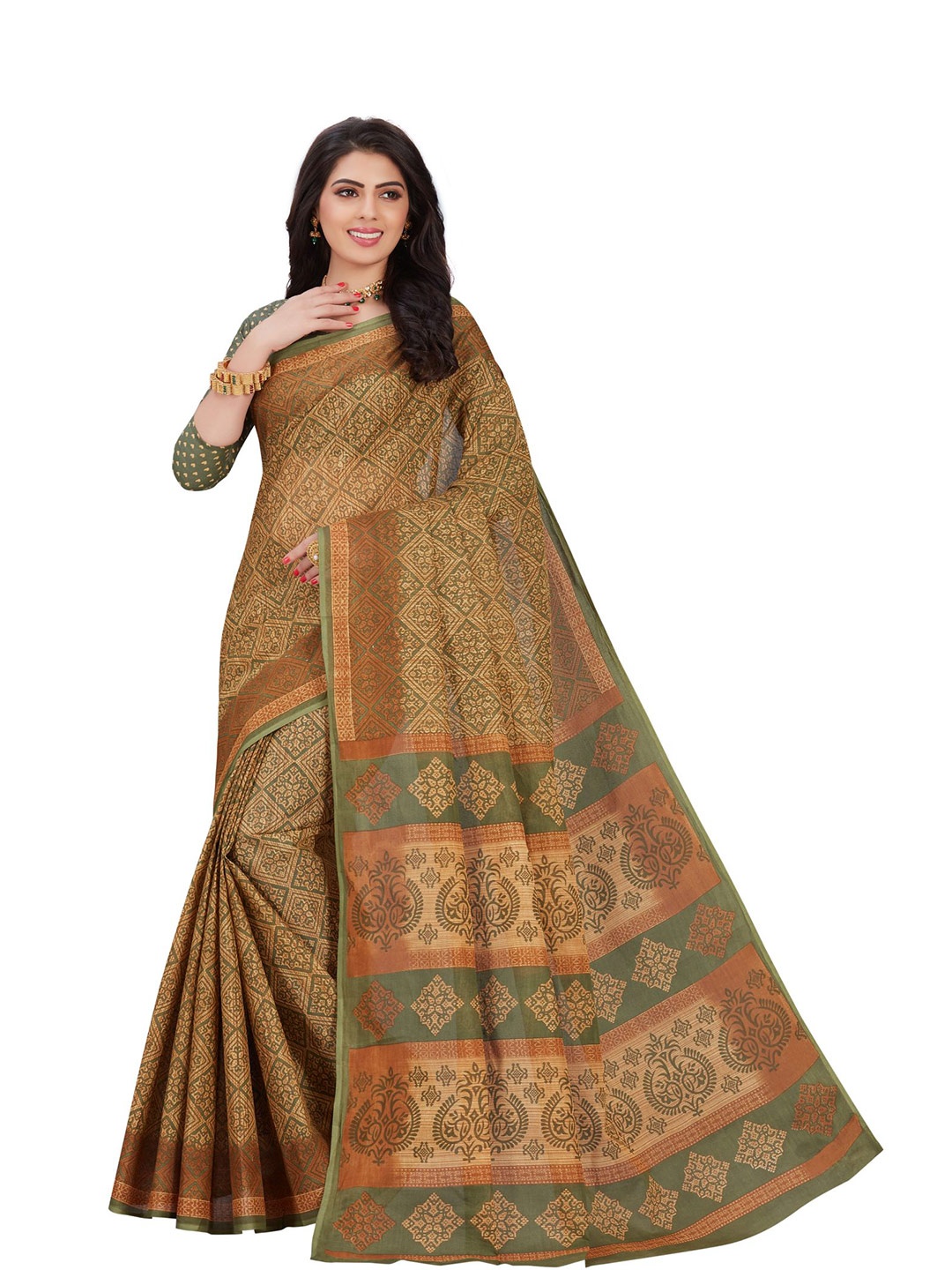 

SHANVIKA Brown & Green Checked Pure Cotton Block Print Saree