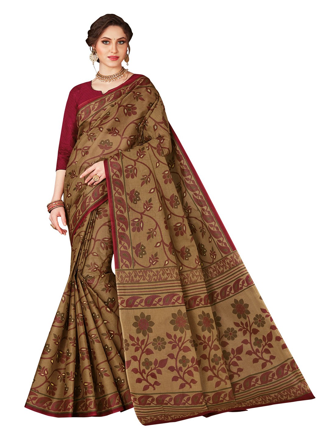 

SHANVIKA Maroon & Cream-Coloured Floral Pure Cotton Block Print Saree