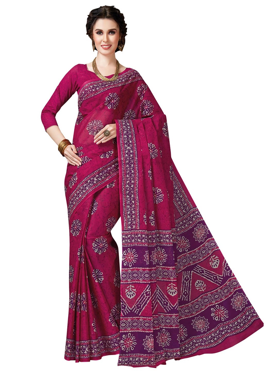 

SHANVIKA Pink & Purple Batik Pure Cotton Block Print Saree