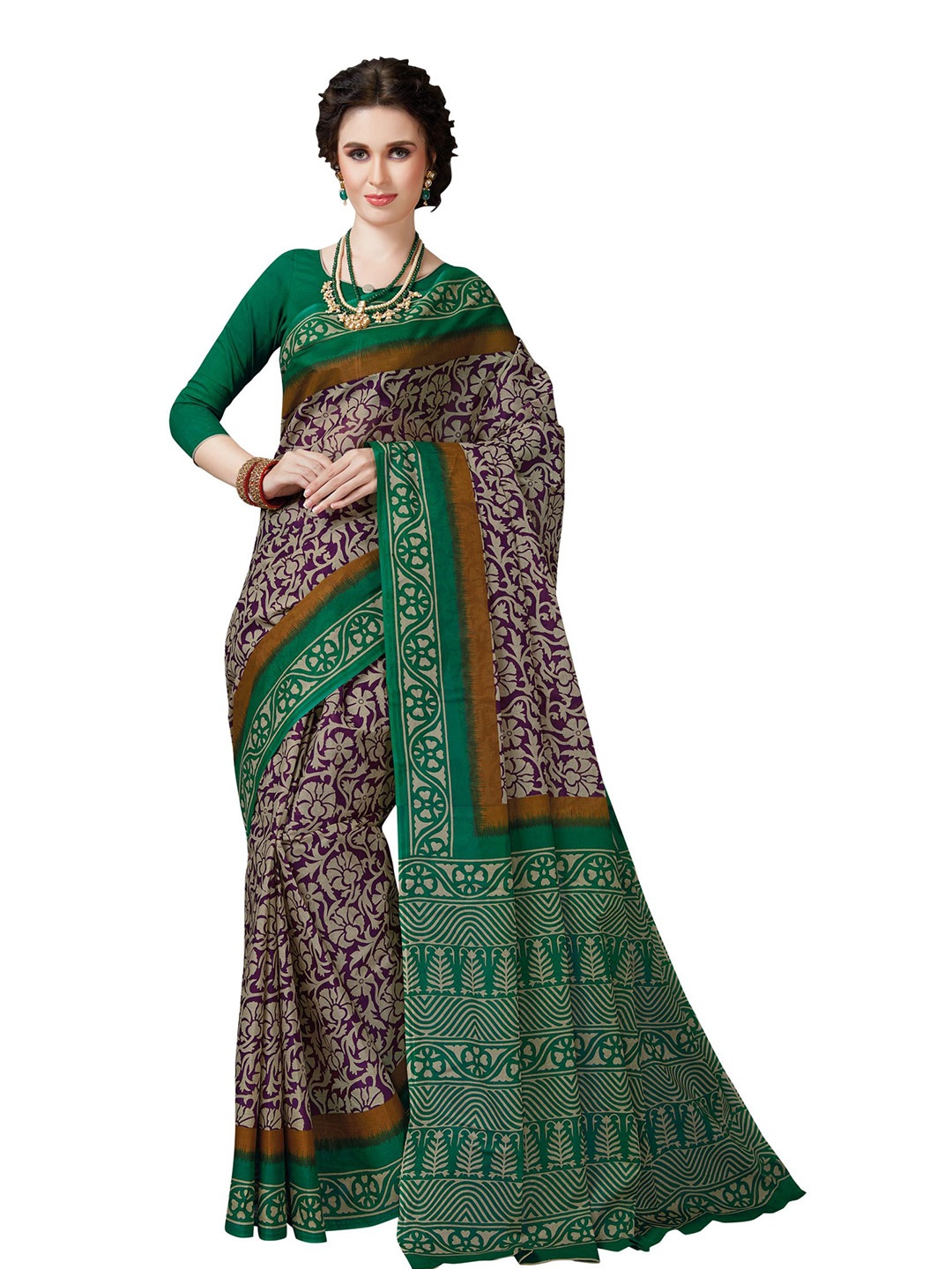 

SHANVIKA Purple & Green Floral Pure Cotton Block Print Saree