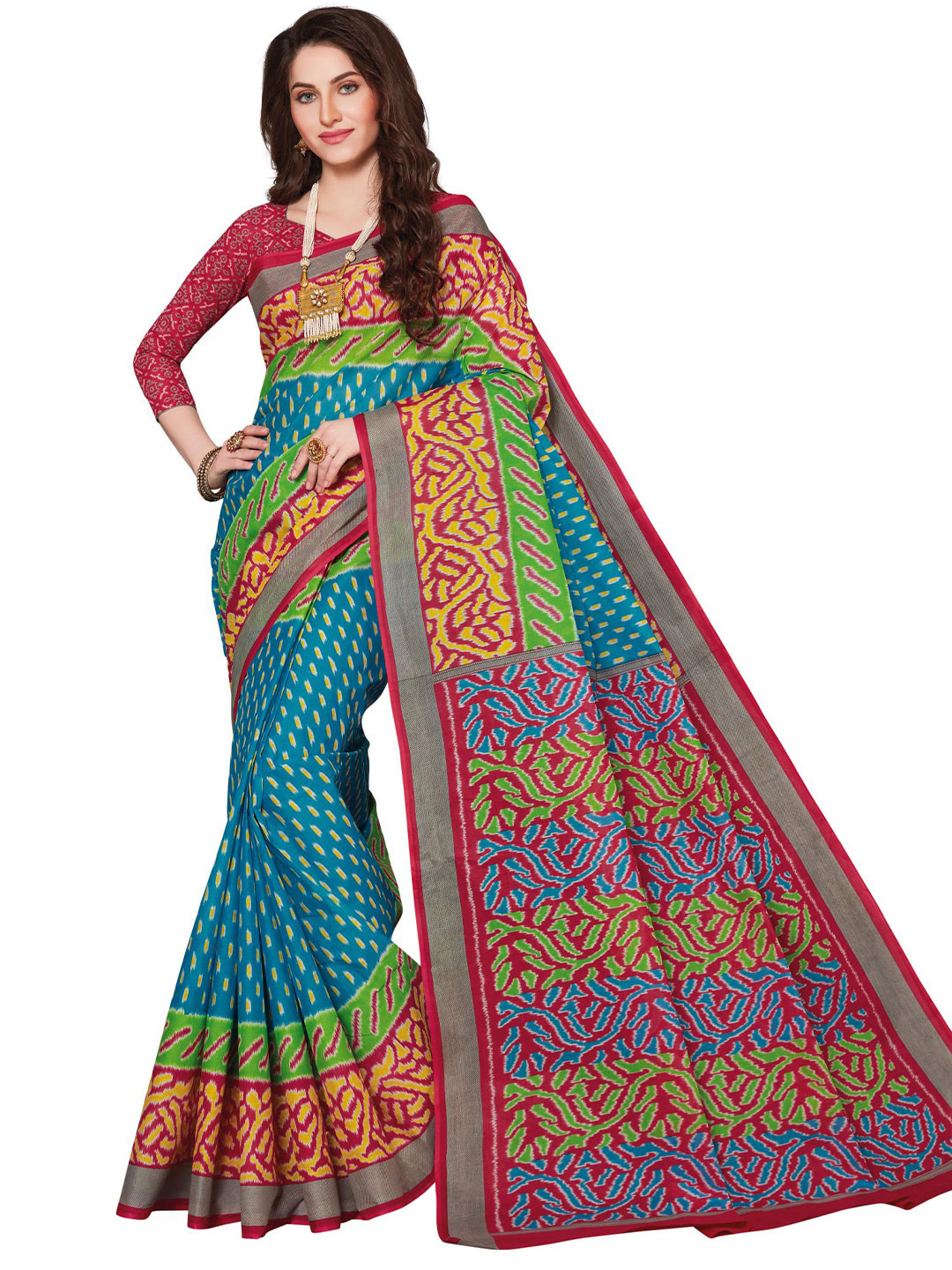 

SHANVIKA Blue & Pink Pure Cotton Ikat Saree