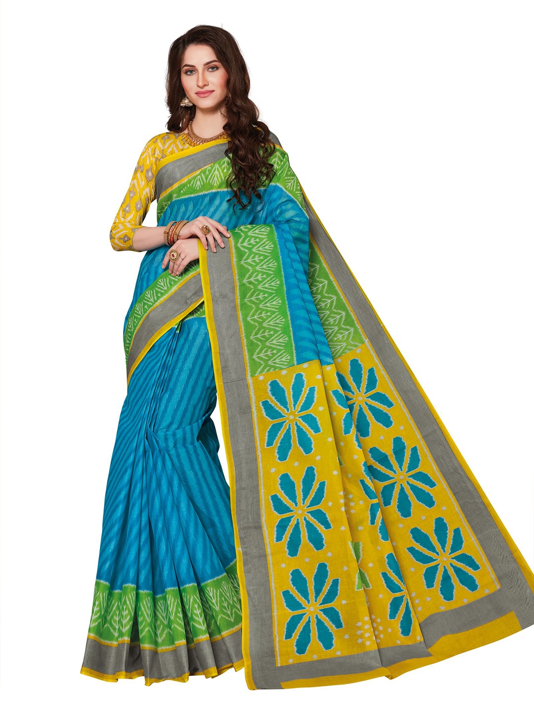 

SHANVIKA Turquoise Blue & Green Striped Pure Cotton Ikat Saree