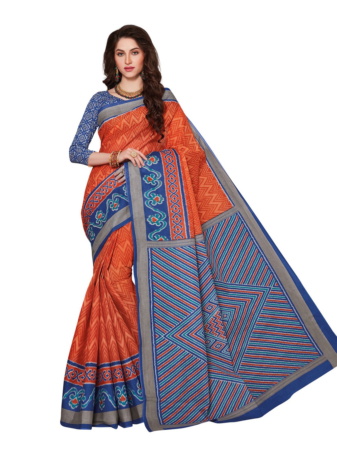 

SHANVIKA Orange & Blue Striped Pure Cotton Ikat Saree