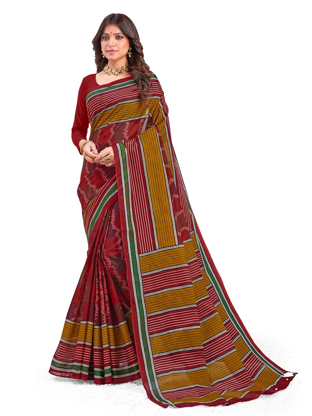 

SHANVIKA Red & Green Striped Pure Cotton Block Print Saree