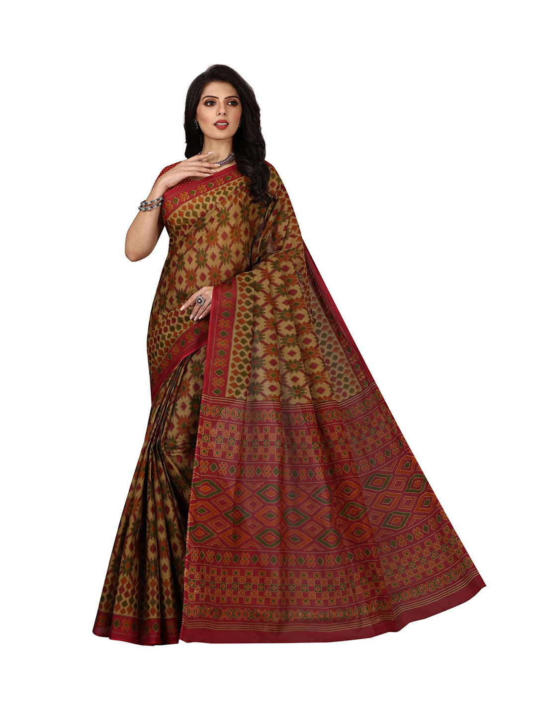 

SHANVIKA Brown & Rust Pure Cotton Block Print Saree
