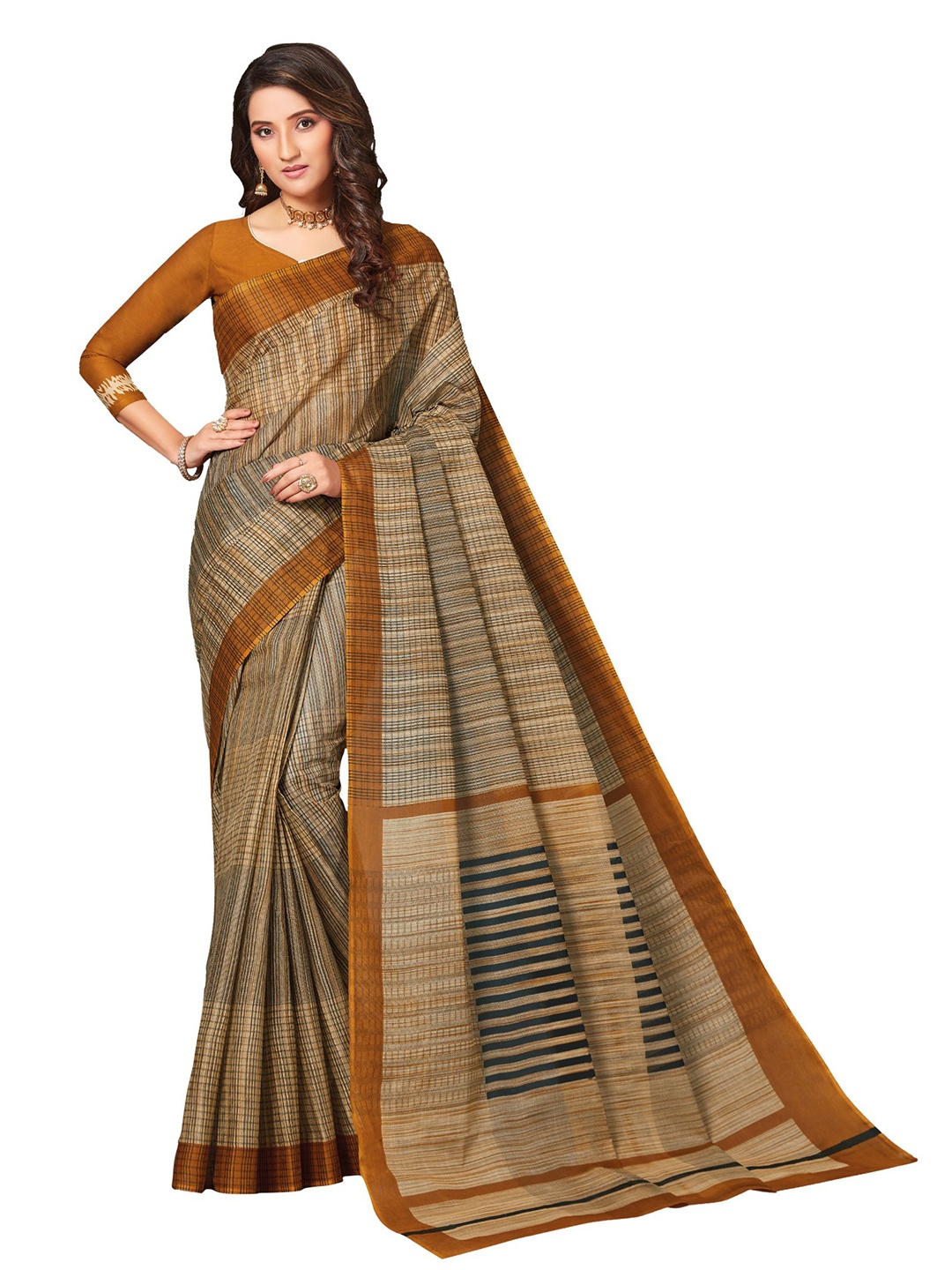 

SHANVIKA Beige & Mustard Striped Pure Cotton Block Print Saree