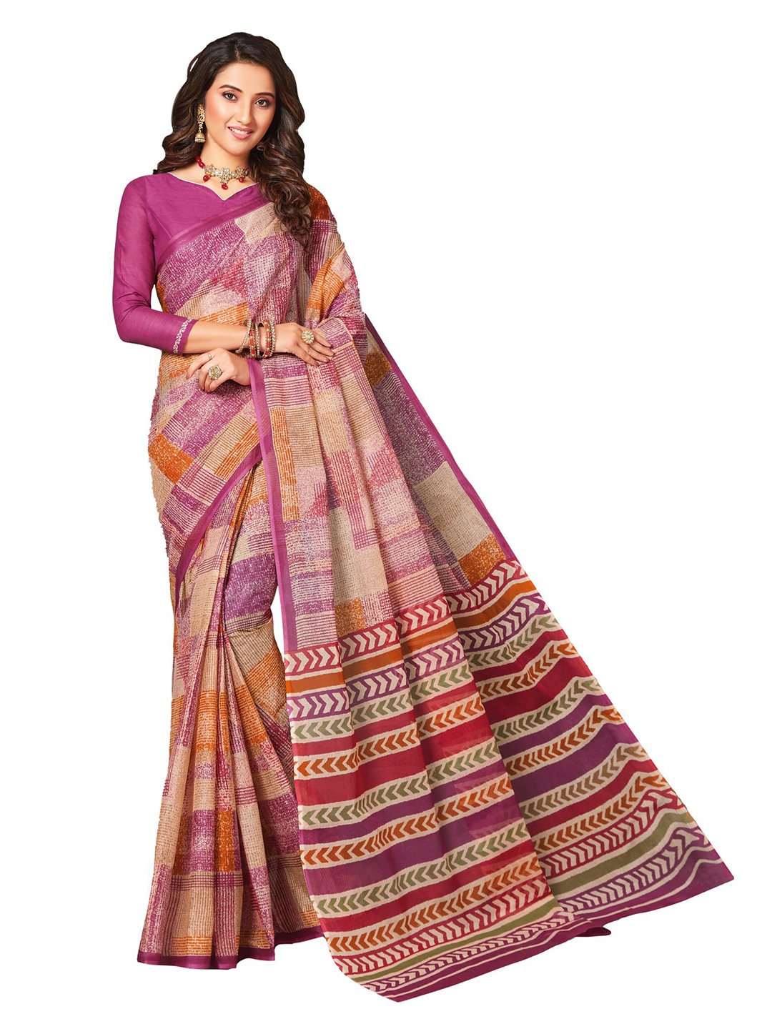 

SHANVIKA Pink & Red Pure Cotton Block Print Saree