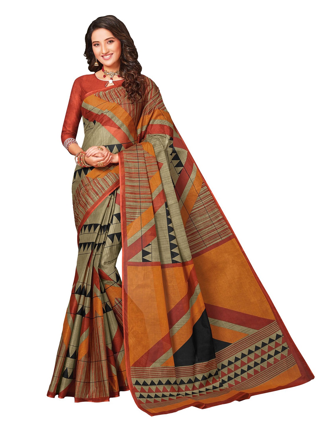 

SHANVIKA Beige & Rust Pure Cotton Block Print Saree