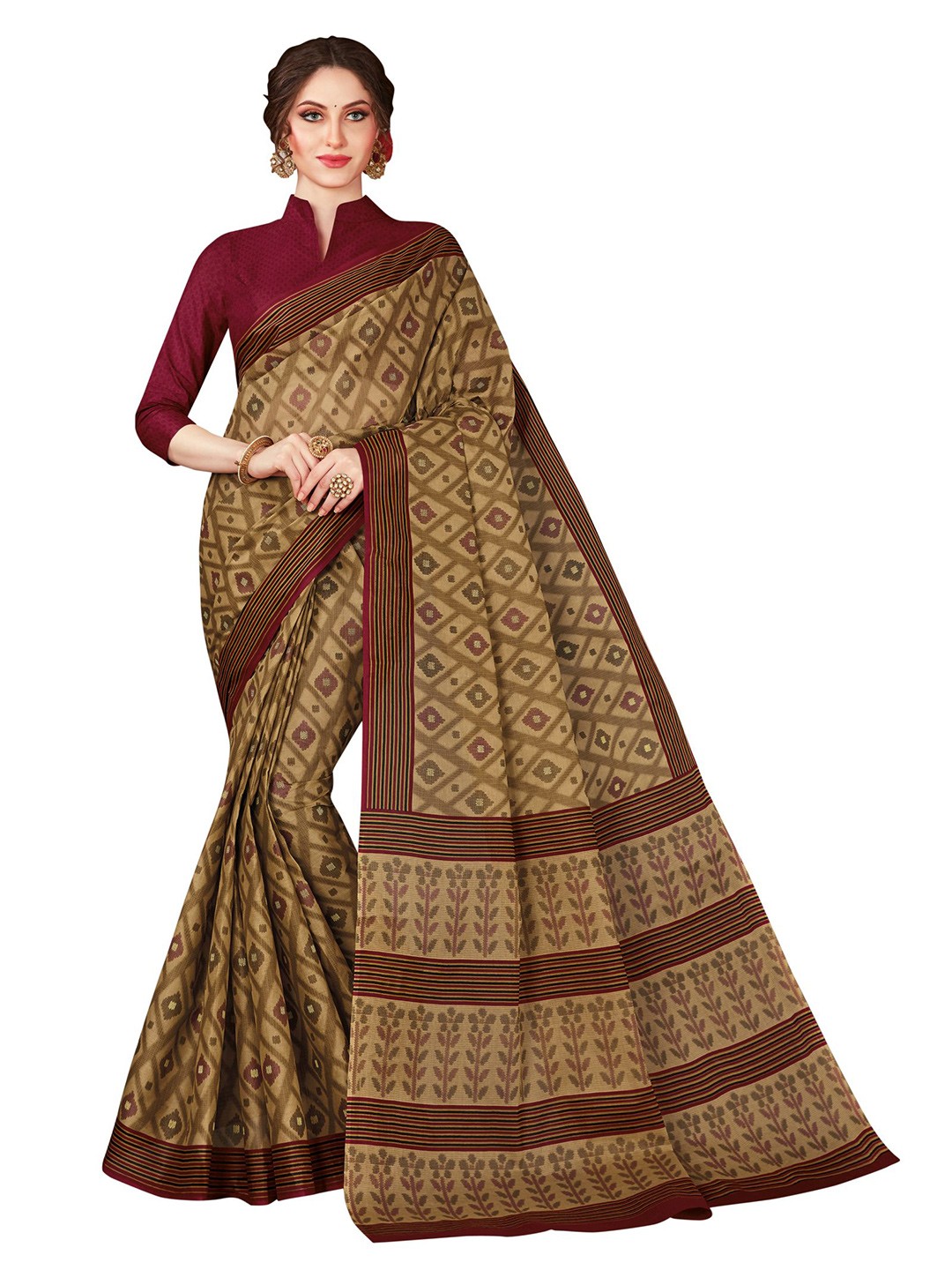 

SHANVIKA Beige & Maroon Checked Pure Cotton Block Print Saree