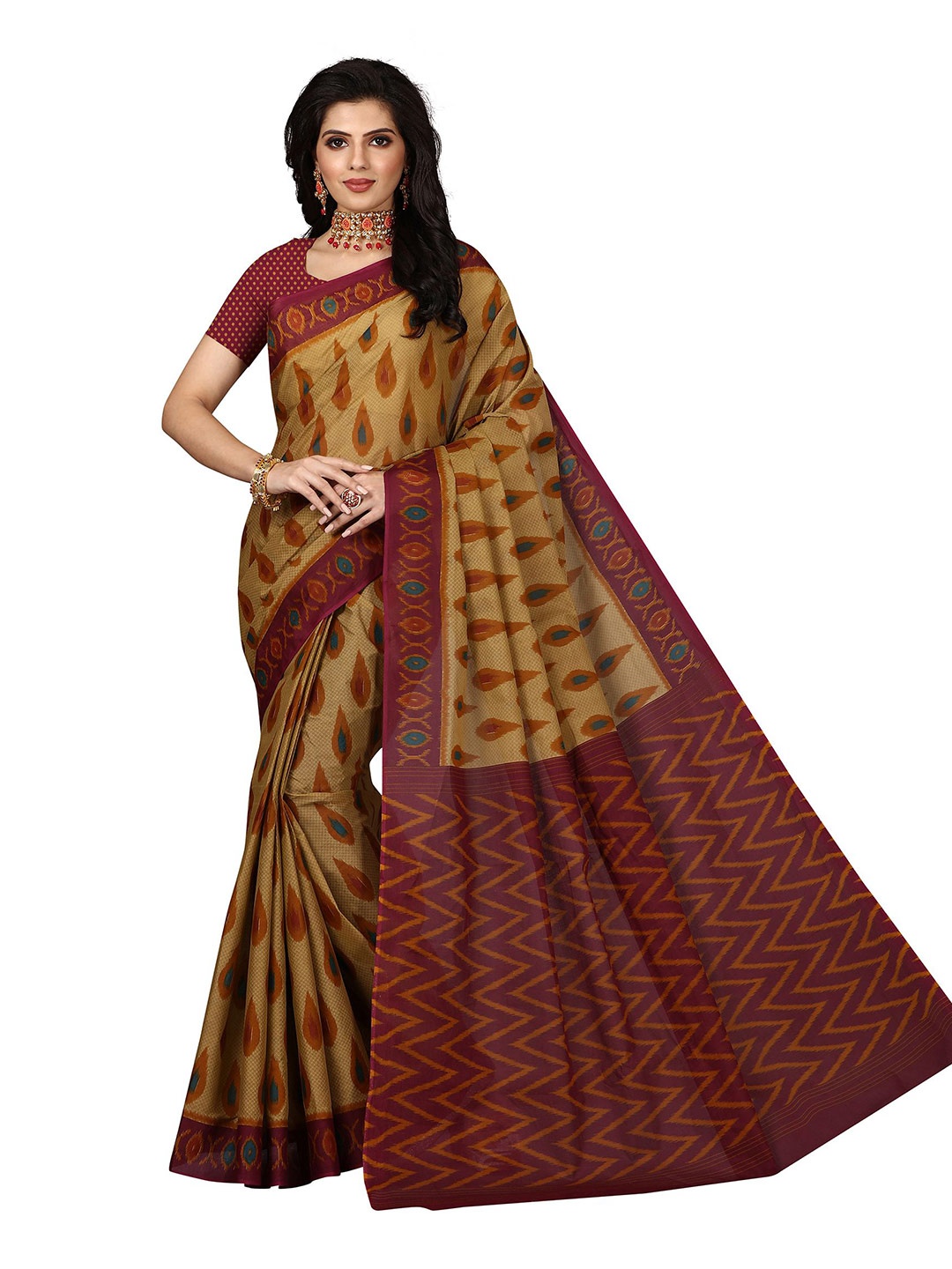 

SHANVIKA Brown & Maroon Pure Cotton Block Print Saree