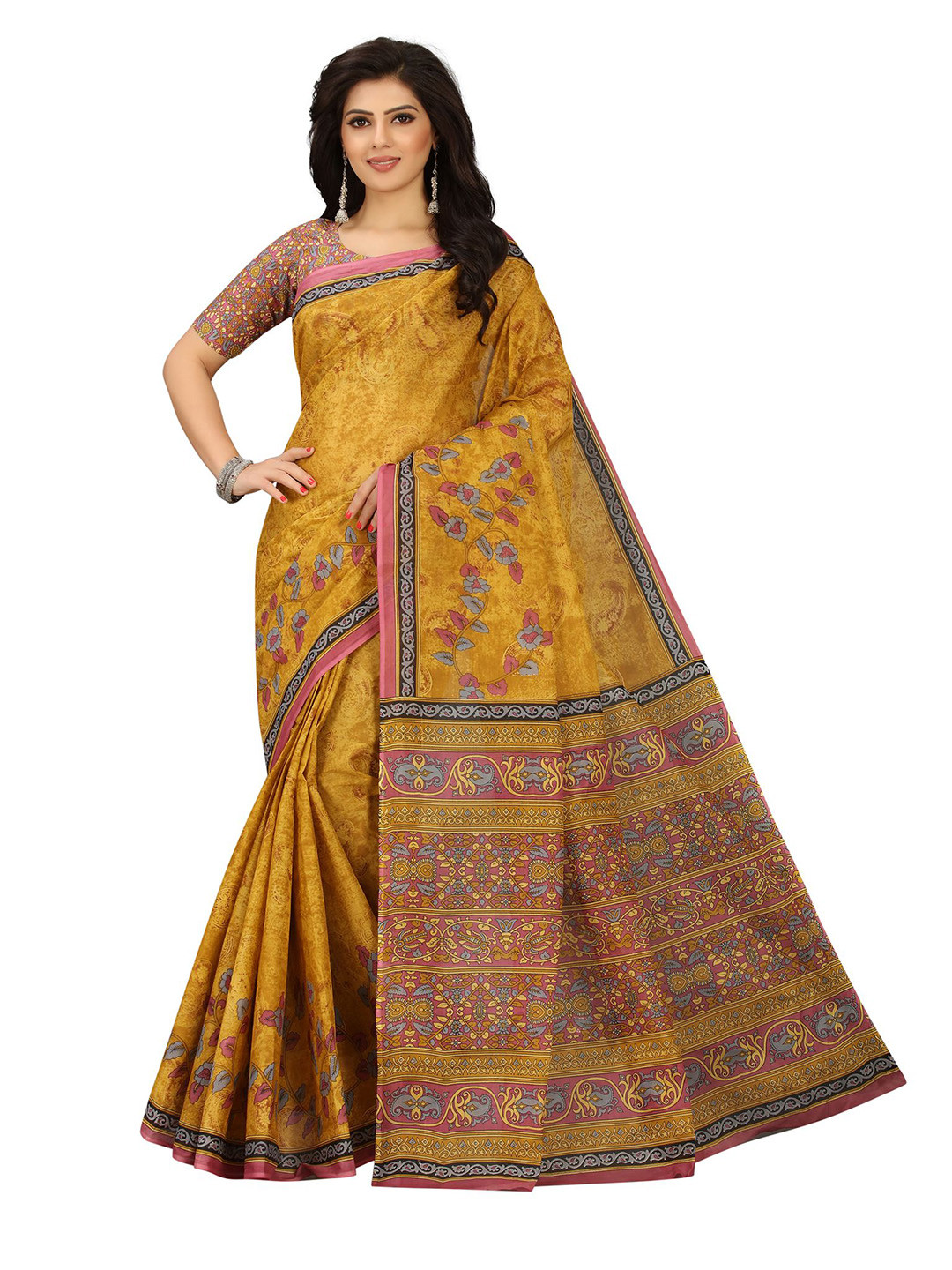 

SHANVIKA Mustard & Grey Floral Pure Cotton Block Print Saree