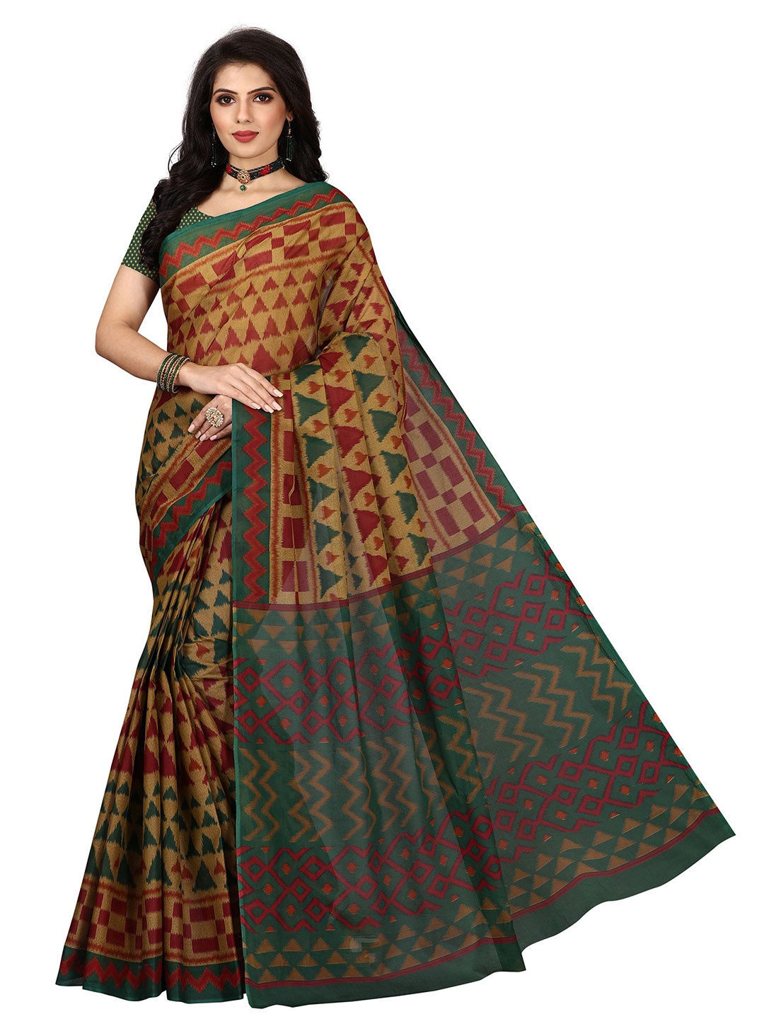 

SHANVIKA Brown & Green Pure Cotton Block Print Saree