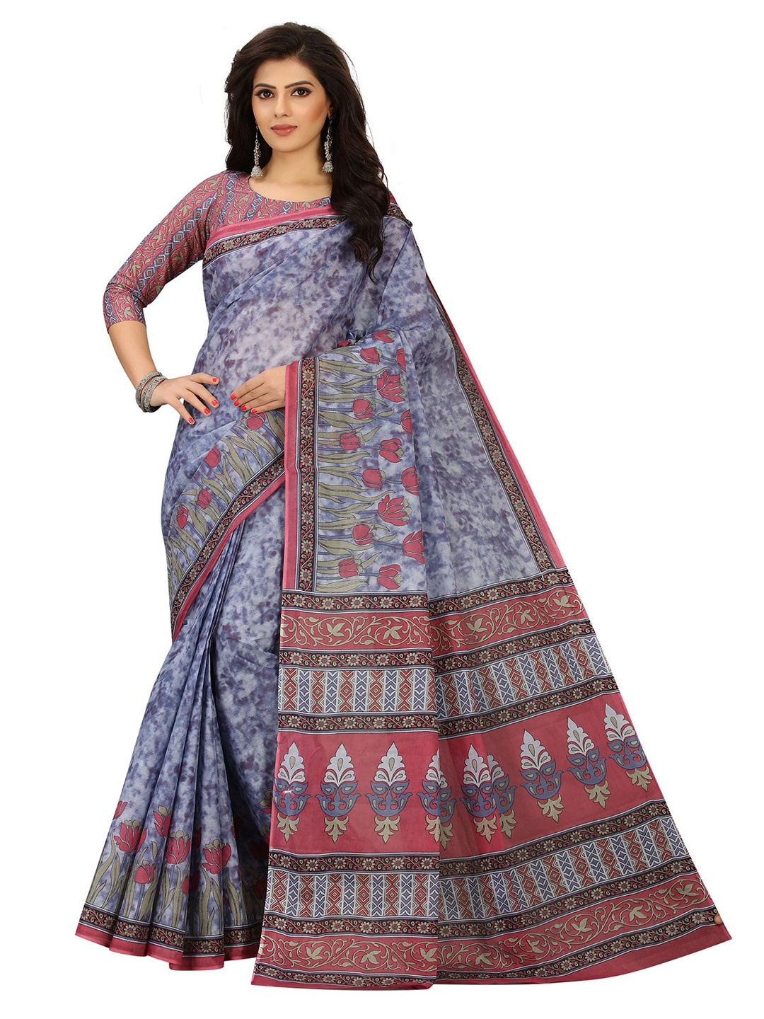 

SHANVIKA Grey & Pink Floral Pure Cotton Block Print Saree