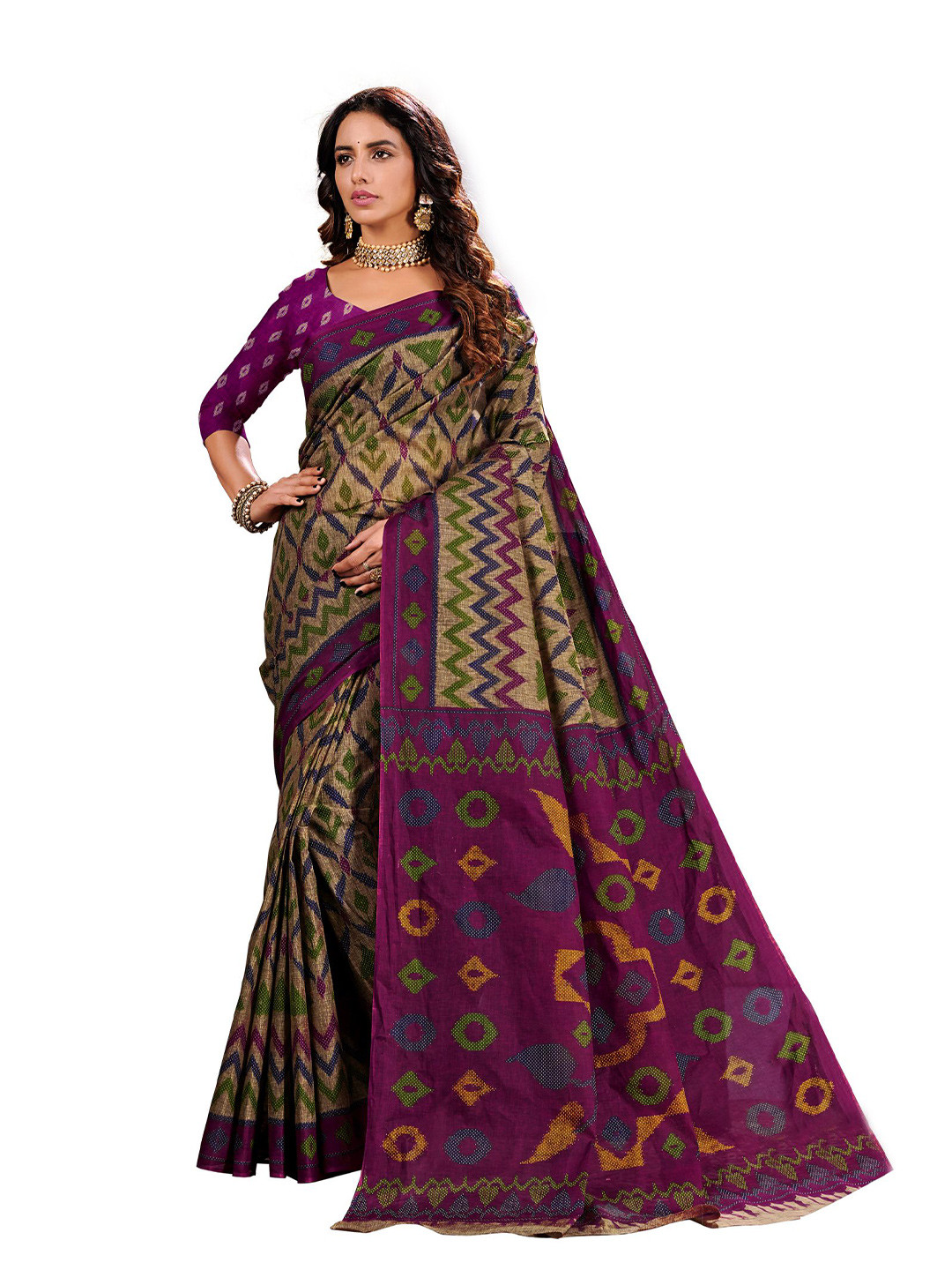 

SHANVIKA Beige & Purple Pure Cotton Block Print Saree