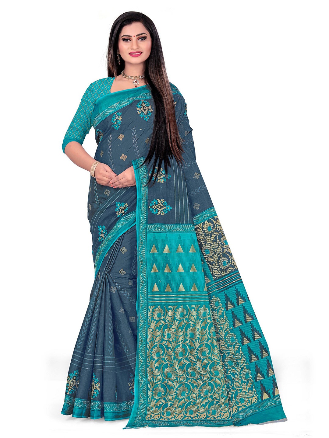 

SHANVIKA Blue & Beige Floral Pure Cotton Block Print Saree