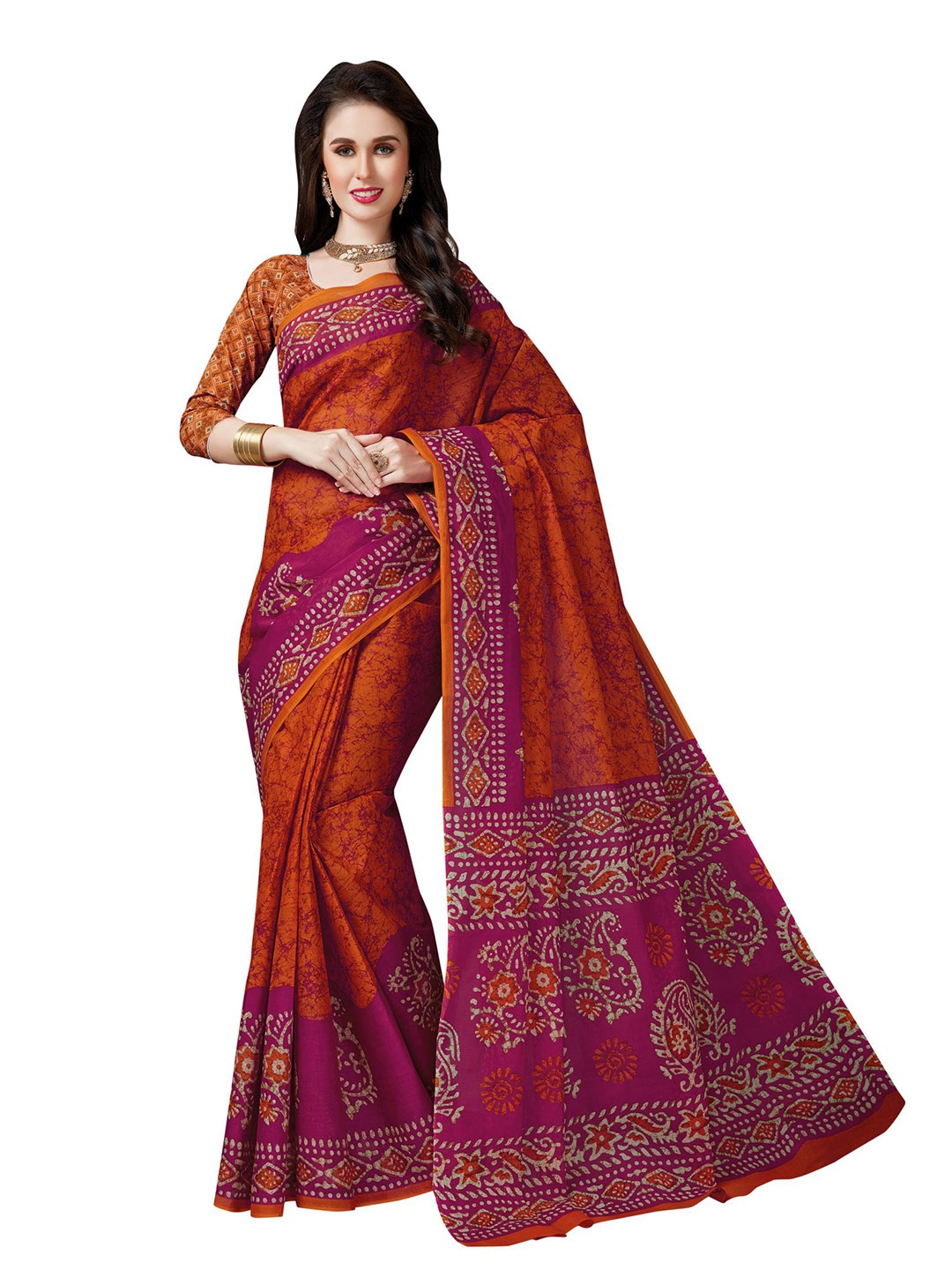 

SHANVIKA Orange & Pink Batik Pure Cotton Block Print Saree