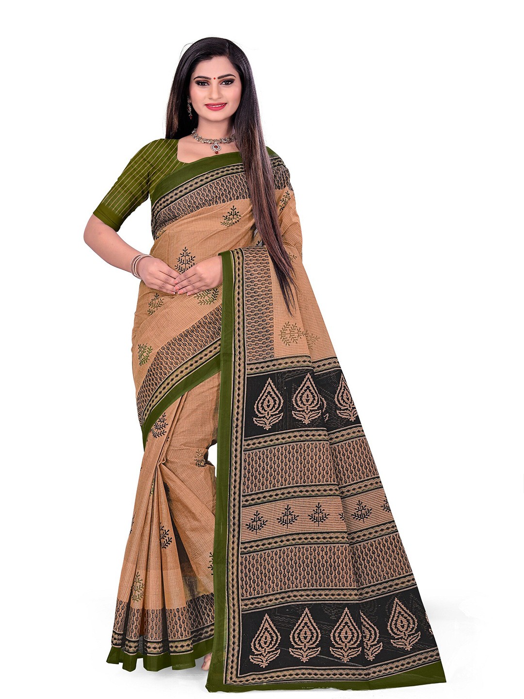 

SHANVIKA Brown & Green Floral Pure Cotton Block Print Saree