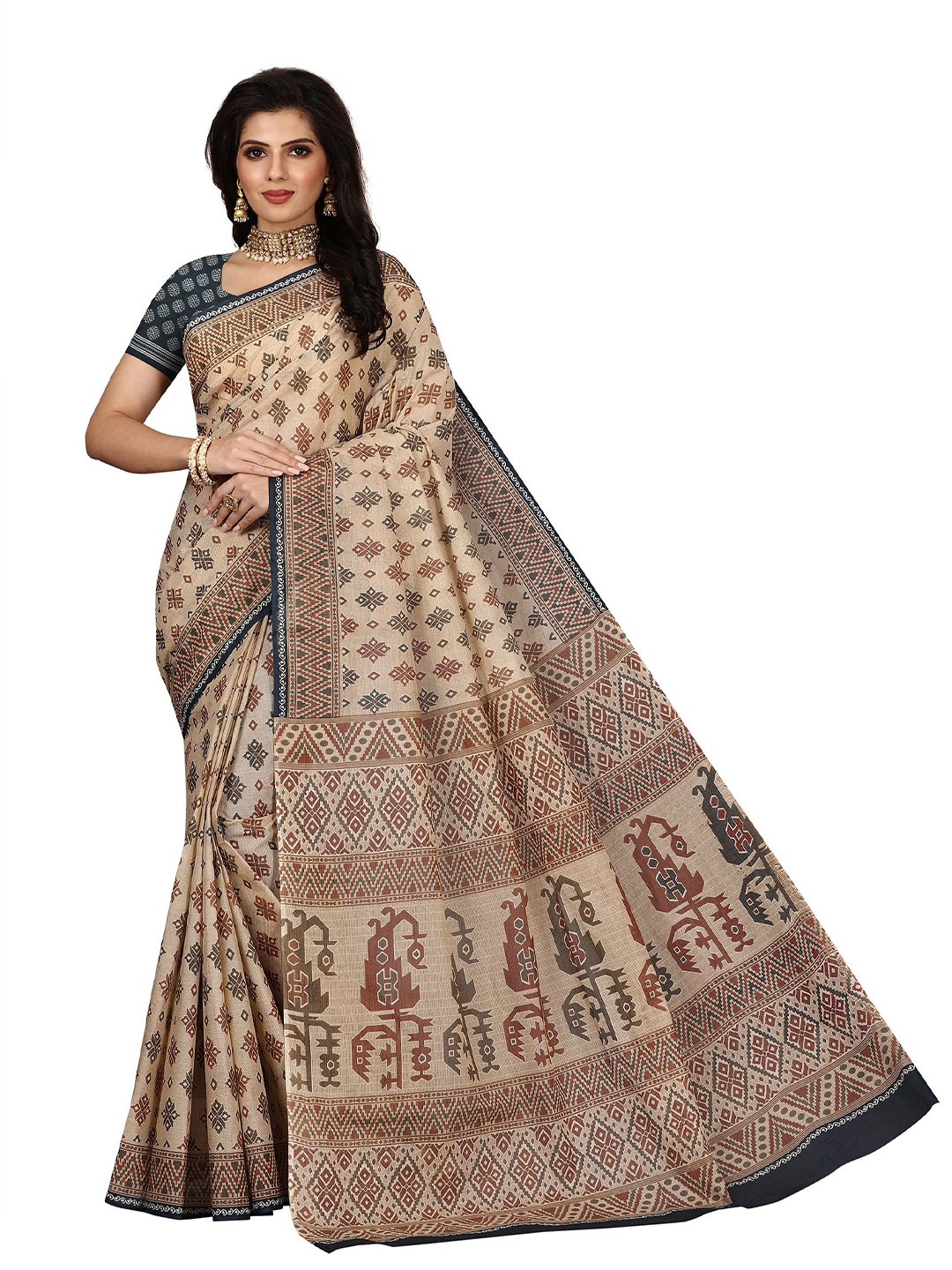 

SHANVIKA Beige & Blue Pure Cotton Block Print Saree