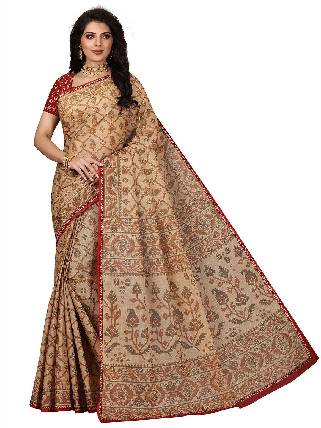 

SHANVIKA Beige & Red Paisley Pure Cotton Block Print Saree