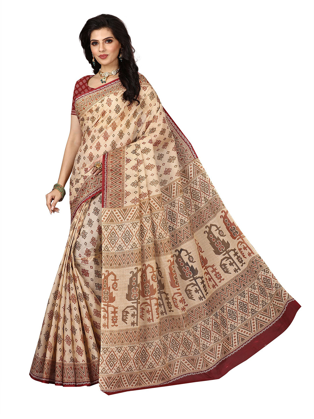 

SHANVIKA Beige & Red Paisley Pure Cotton Block Print Saree