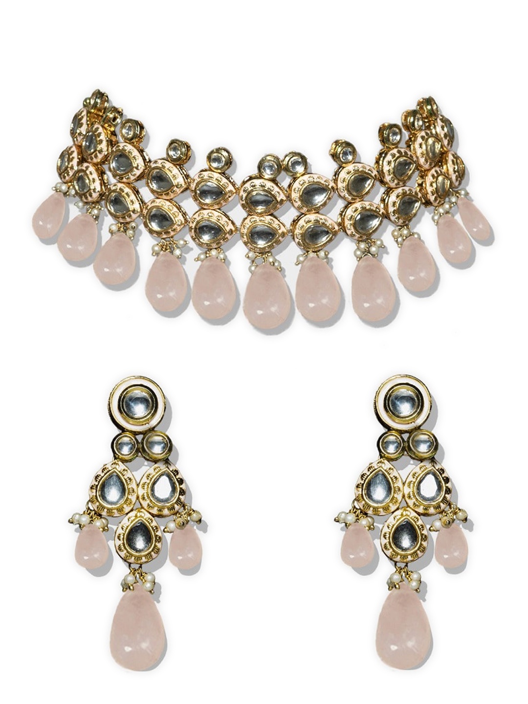 

AURAA TRENDS Gold-Plated Pink & White Kundan-Studed & Beaded Jewellery Set