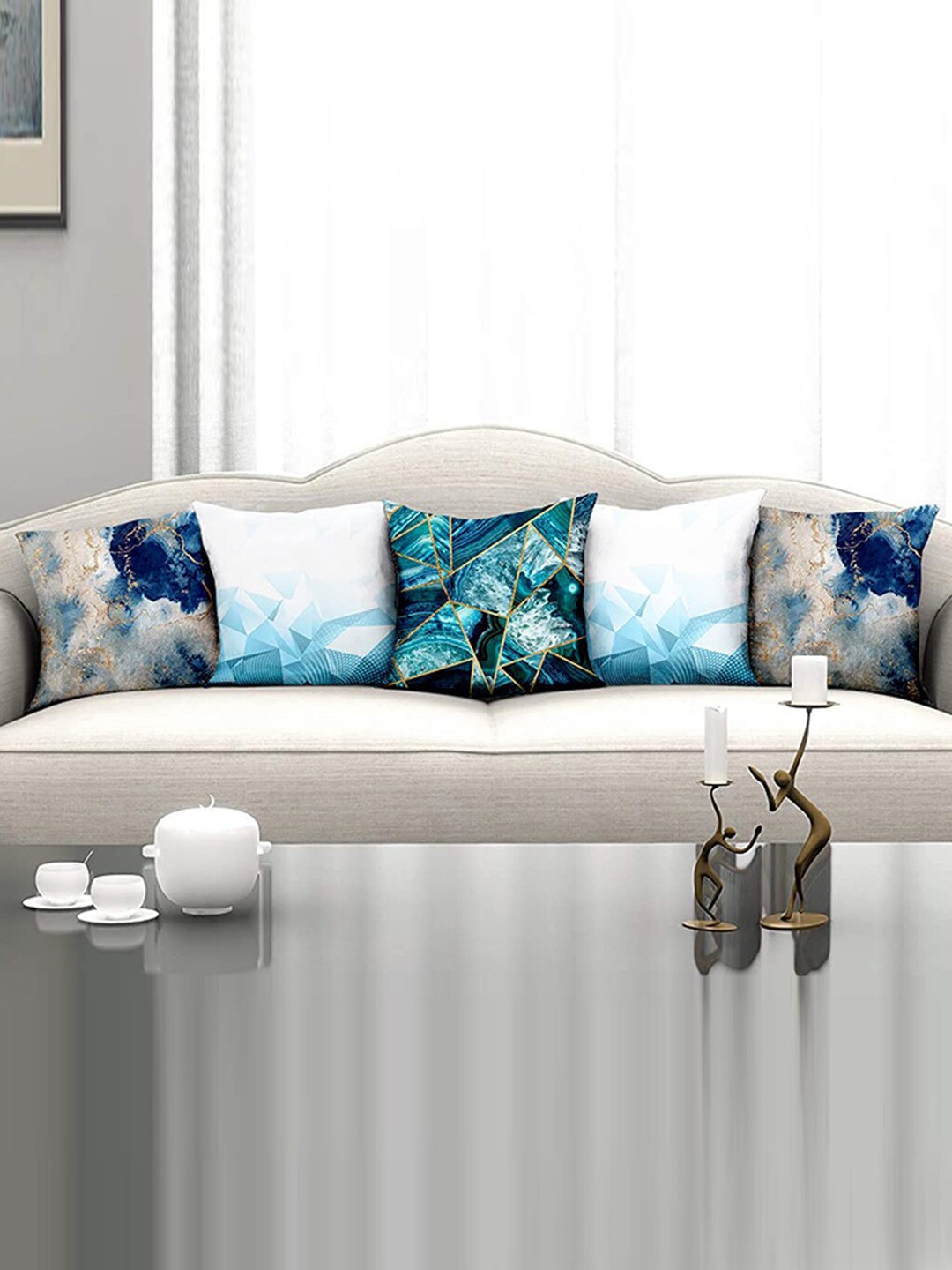 

homewards Blue & White Set of 5 Abstract Satin Square Cushion Covers