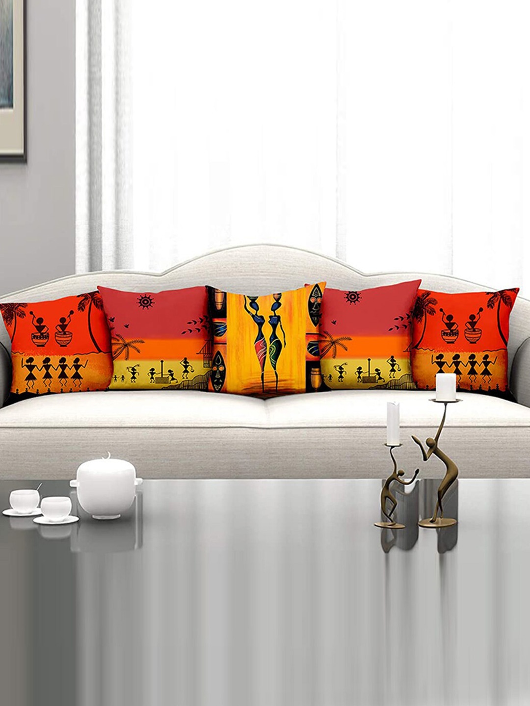 

homewards Red & Yellow Set of 5 Ethnic Motifs Satin Square Cushion Covers