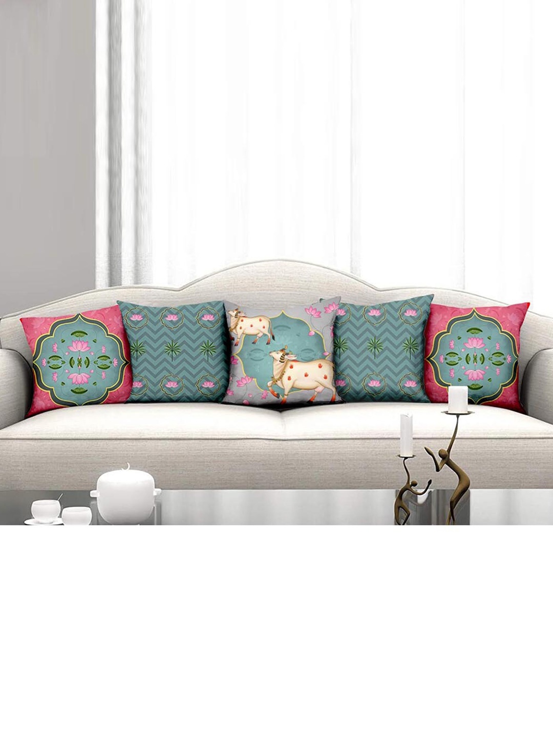 

homewards Pink & Green Set of 5 Floral Satin Square Cushion Covers