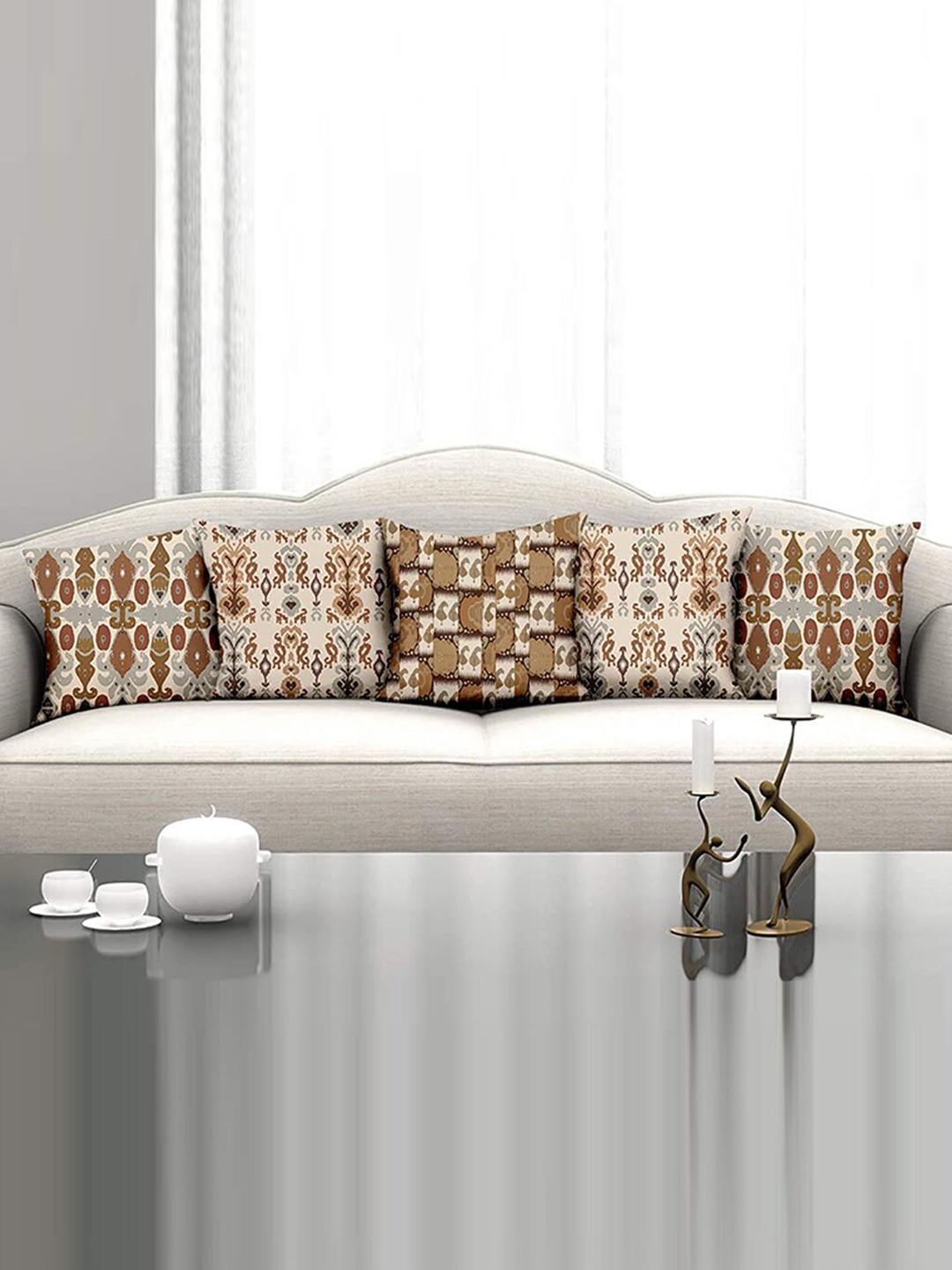 

homewards Brown & Beige Set of 5 Abstract Satin Square Cushion Covers