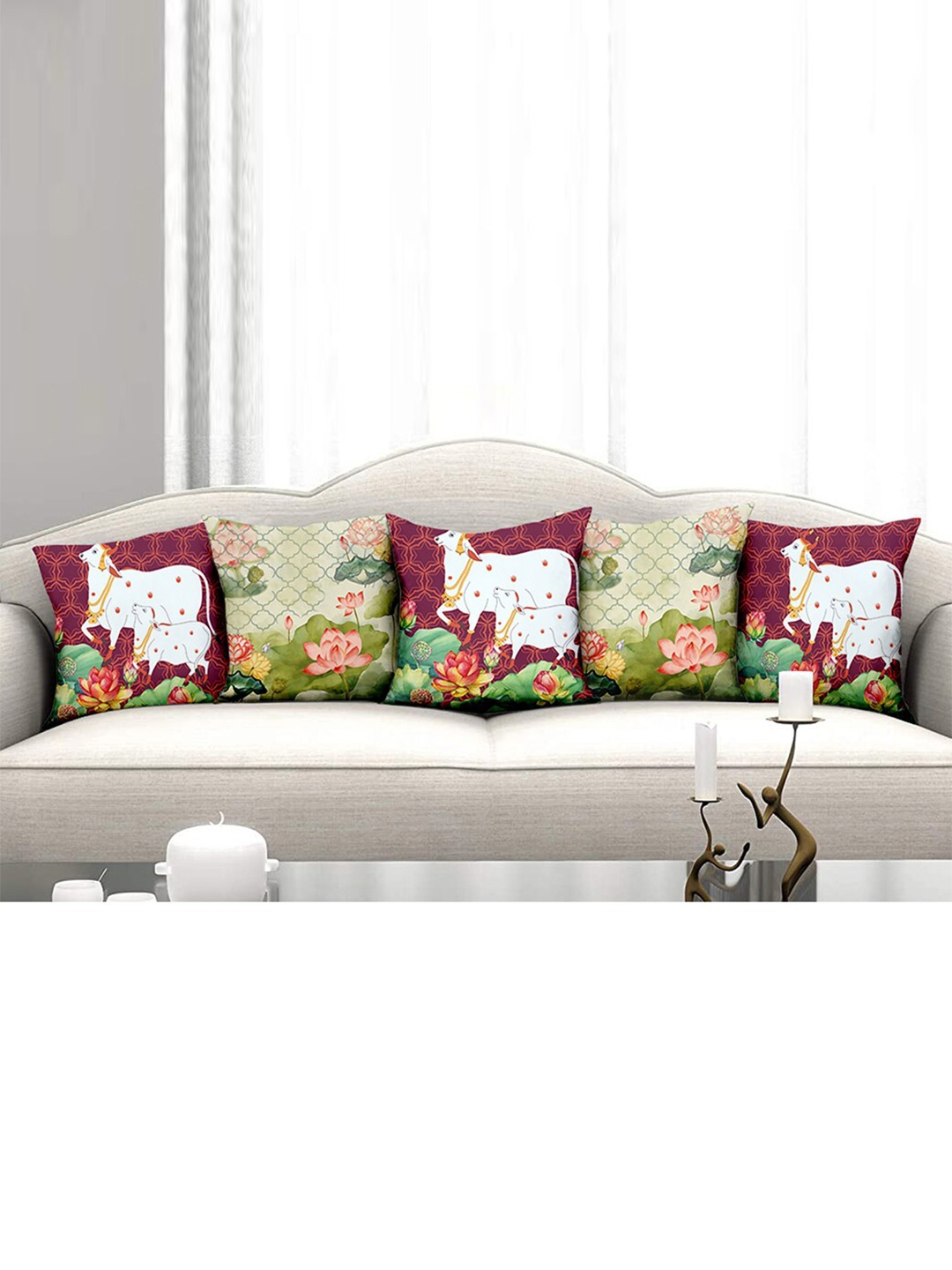 

homewards Purple & Green Set of 5 Floral Satin Square Cushion Covers