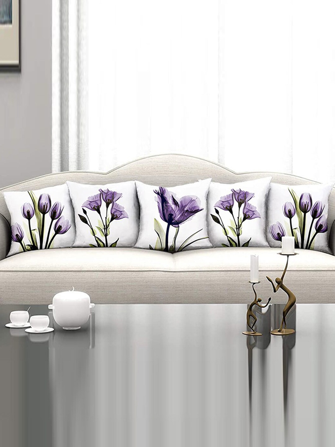 

homewards White & Purple Set of 5 Floral Satin Square Cushion Covers