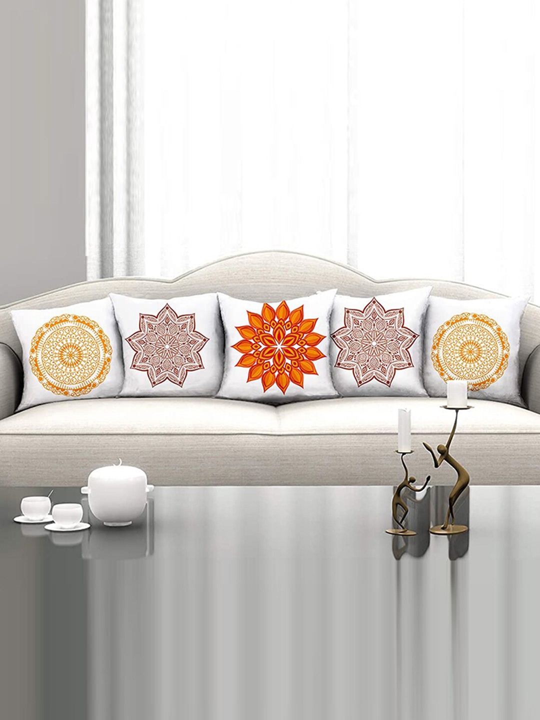 

homewards White & Orange Set of 5 Floral Satin Square Cushion Covers