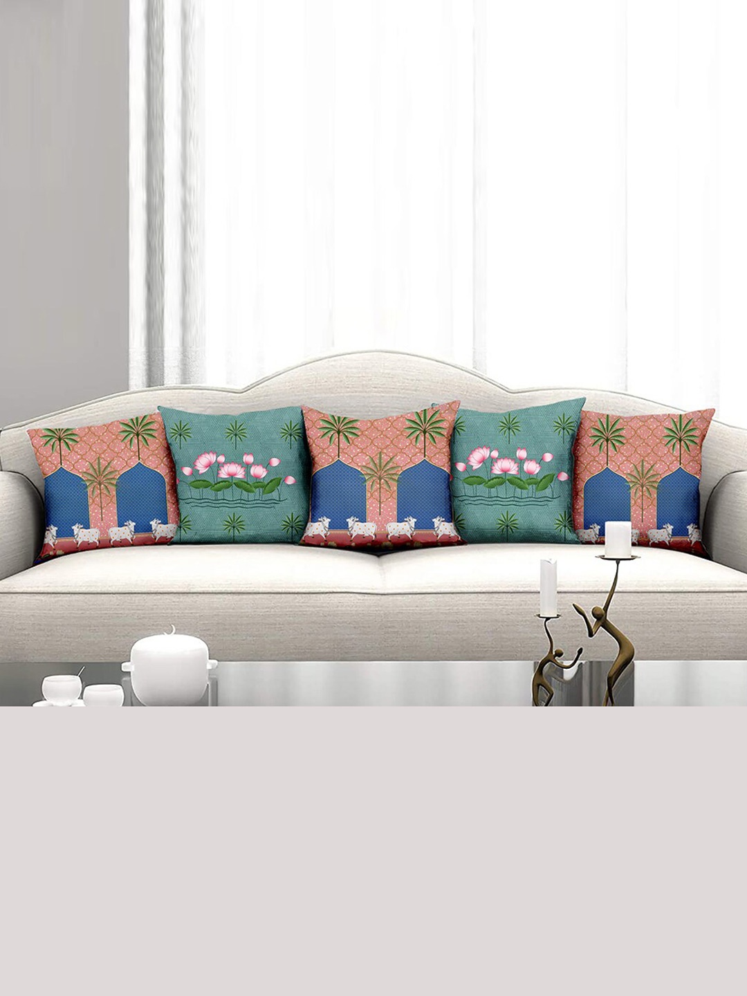 

homewards Beige & Green Set of 5 Floral Satin Square Cushion Covers