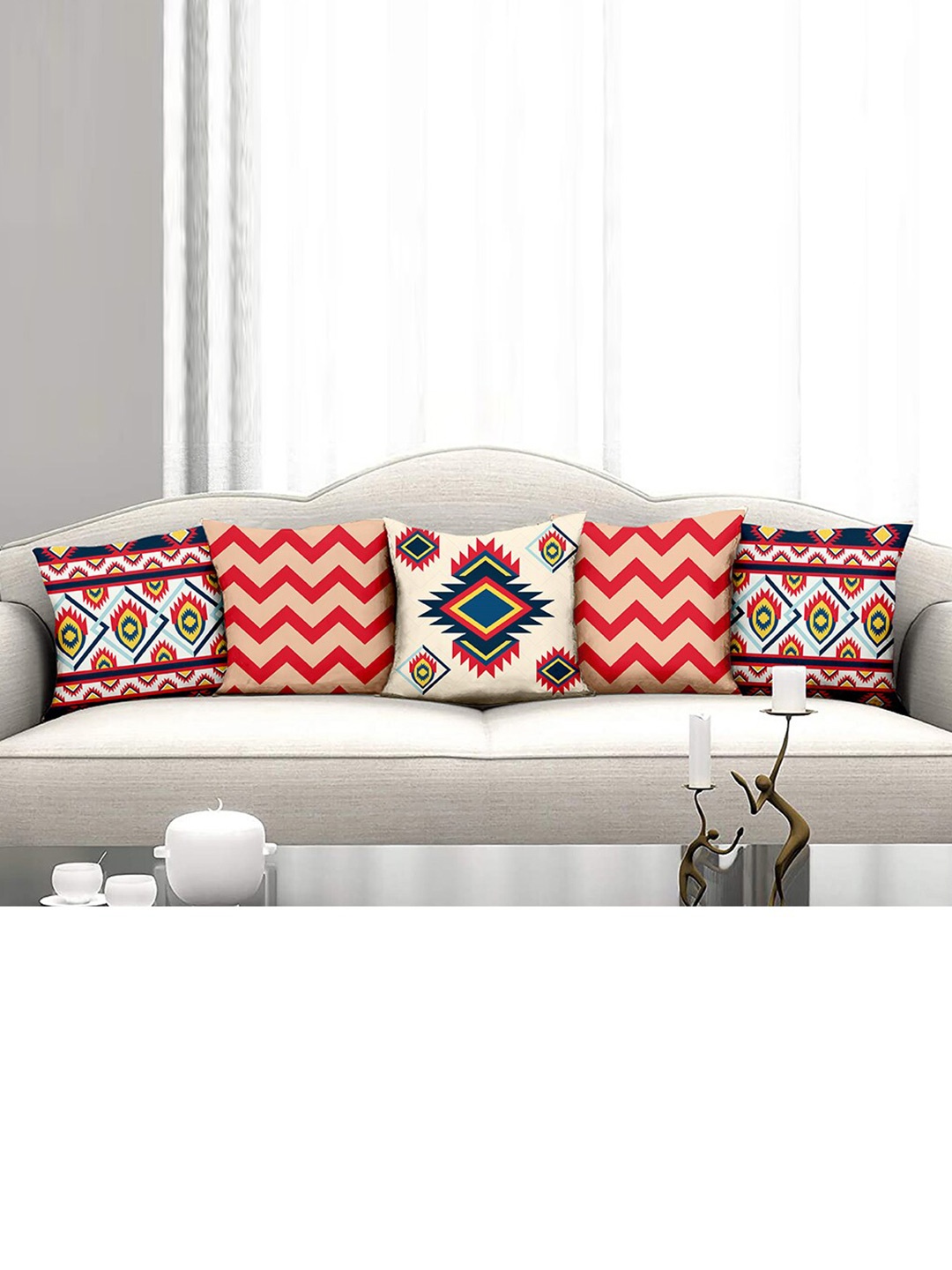 

homewards Red & Blue Set of 5 Geometric Satin Square Cushion Covers