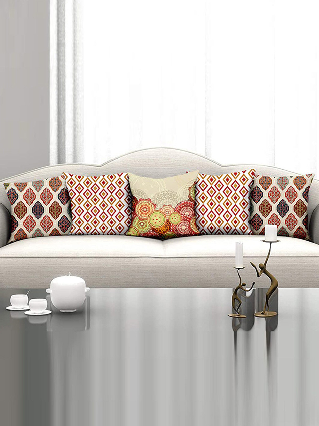 

homewards Off White & Red Set of 5 Floral Satin Square Cushion Covers