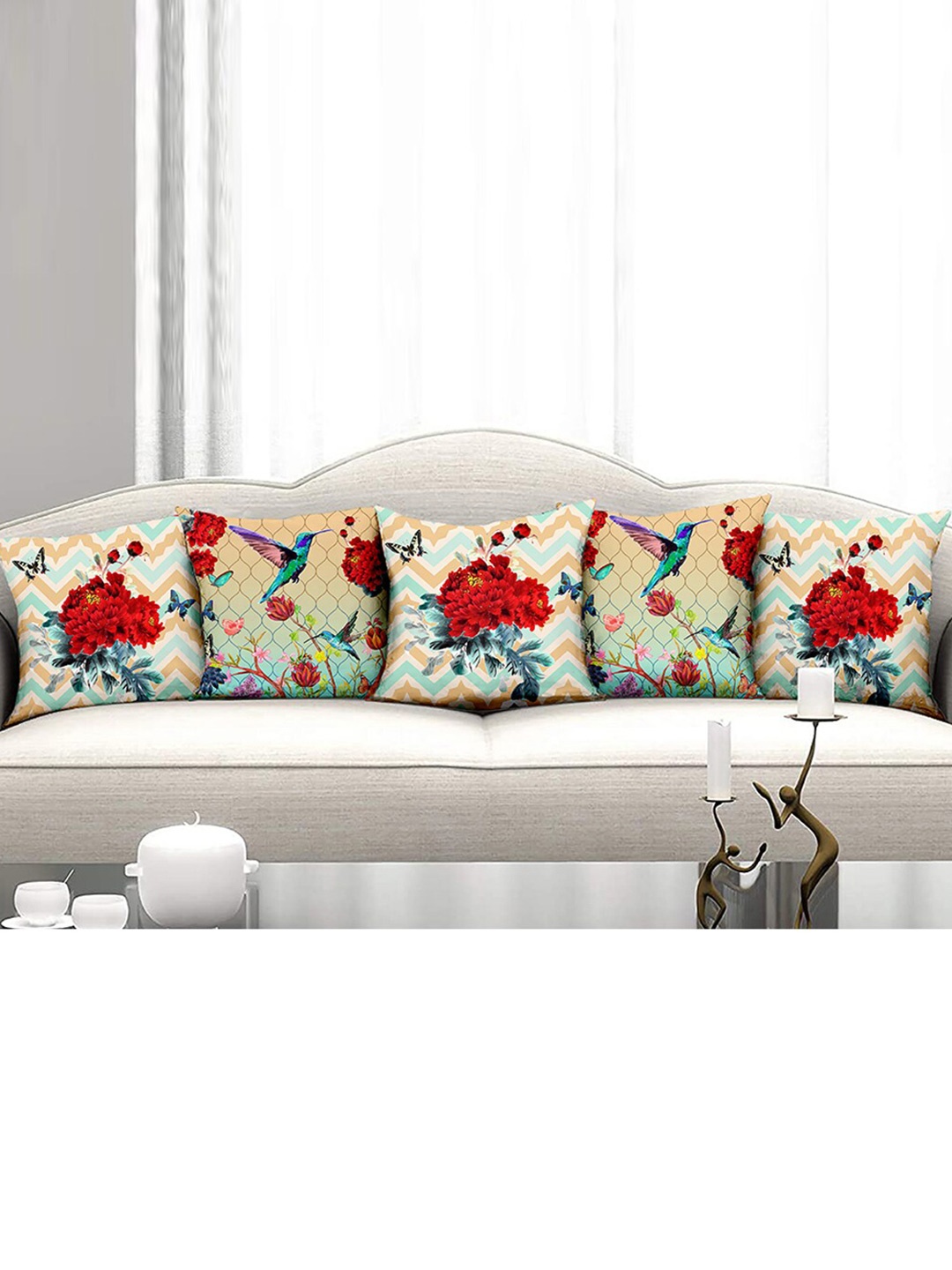 

homewards Blue & Red Set of 5 Floral Satin Square Cushion Covers