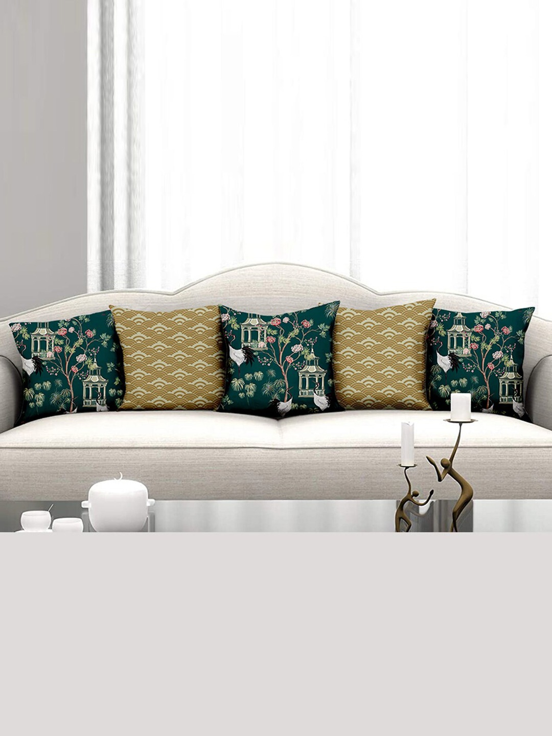 

homewards Mustard & Green Set of 5 Abstract Satin Square Cushion Covers