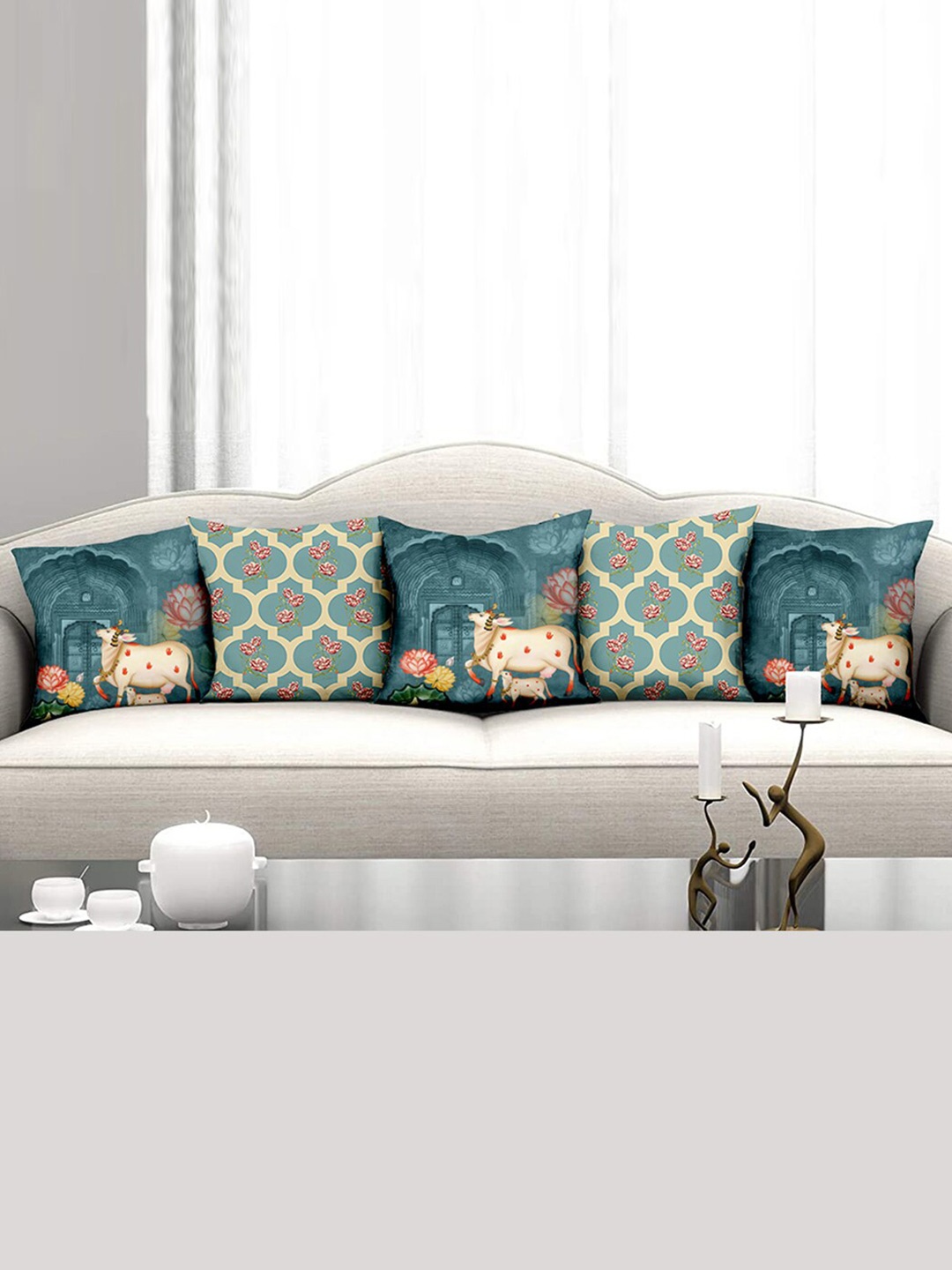 

homewards Green & Beige Set of 5 Geometric Satin Square Cushion Covers