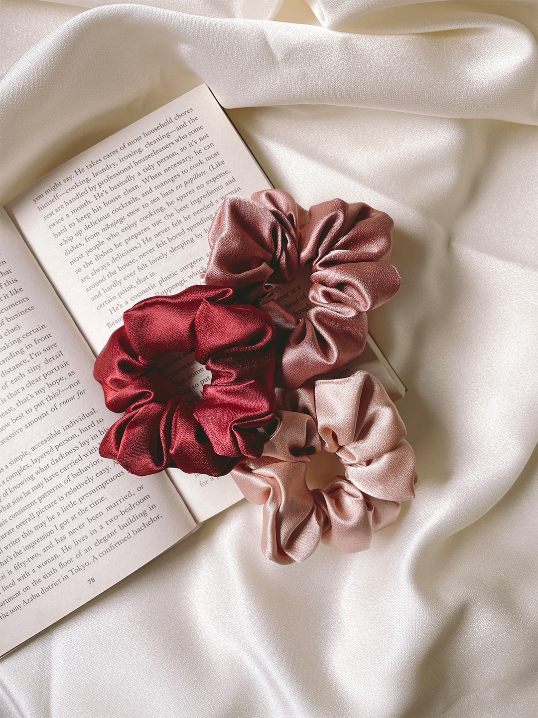

Mueras Women Maroon & Rose Set of 3 Satin Scrunchies