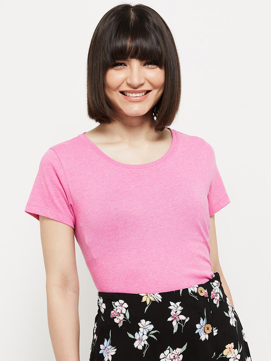 

max Women Pink Floral Printed Drop-Shoulder Sleeves T-shirt