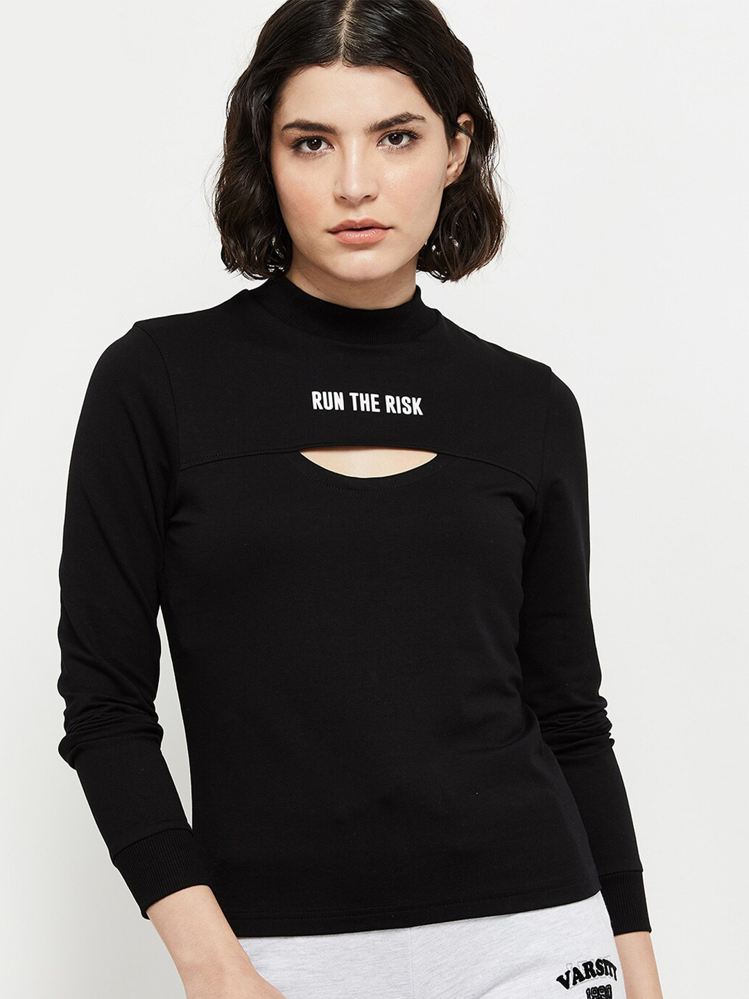 

max Women Black High Neck T-shirt