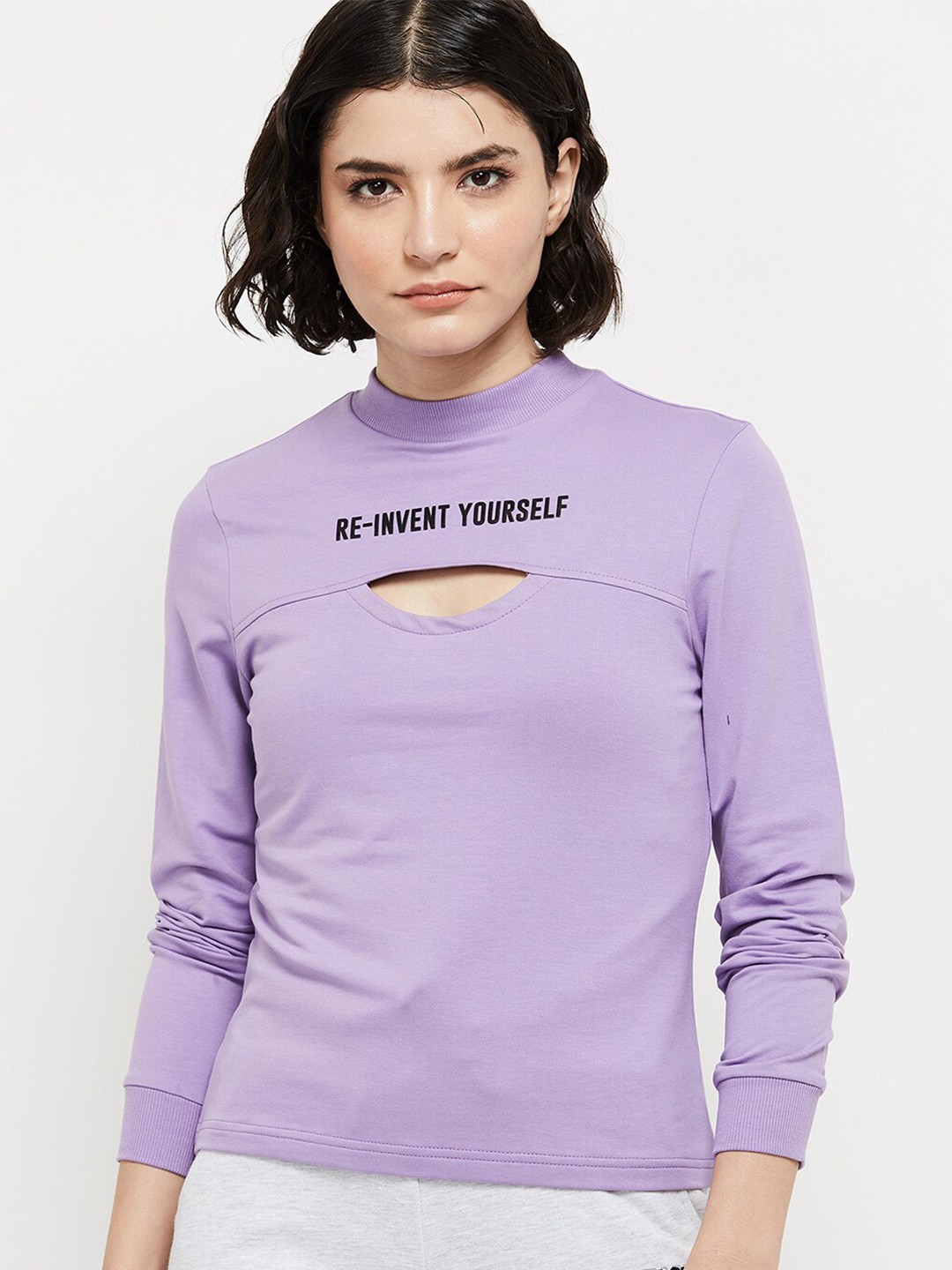 

max Women Purple Typography Printed T-shirt